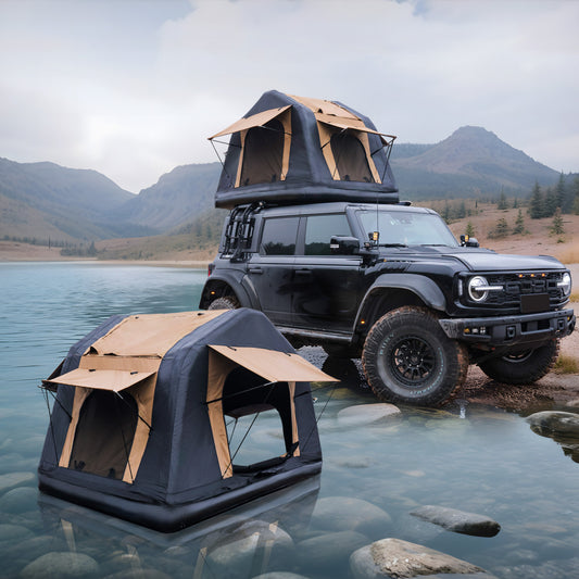 Foldable 2-3 People Amphibious Inflatable Car Roof Top Tent for camping Outdoor Glamping Camping Tent for SUV,Truck( Without Ladder, Two-tone Style, Khaki & Black)