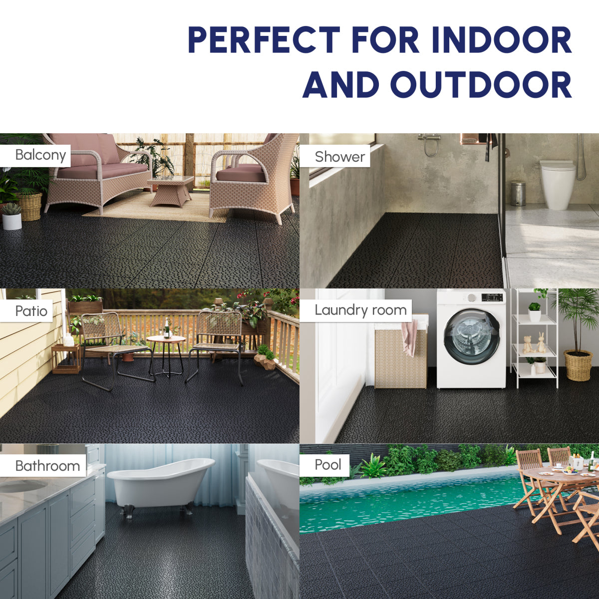 12 x 12 Inch Black Interlocking Deck Tiles Plastic Waterproof Outdoor All Weather Anti-slip Bathroom Shower Balcony Porch Strong Weight Capacity Upto 440 LBS, Pebble Stone Pattern Pack of 12