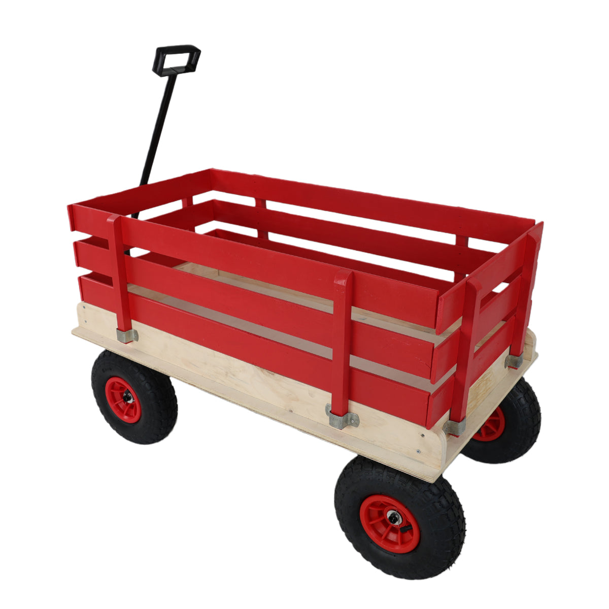Children's and garden wooden carriages, all-terrain rubber inflatable wheelers, outdoor games, courtyard transportation, picnic supplies (red and natural colors)