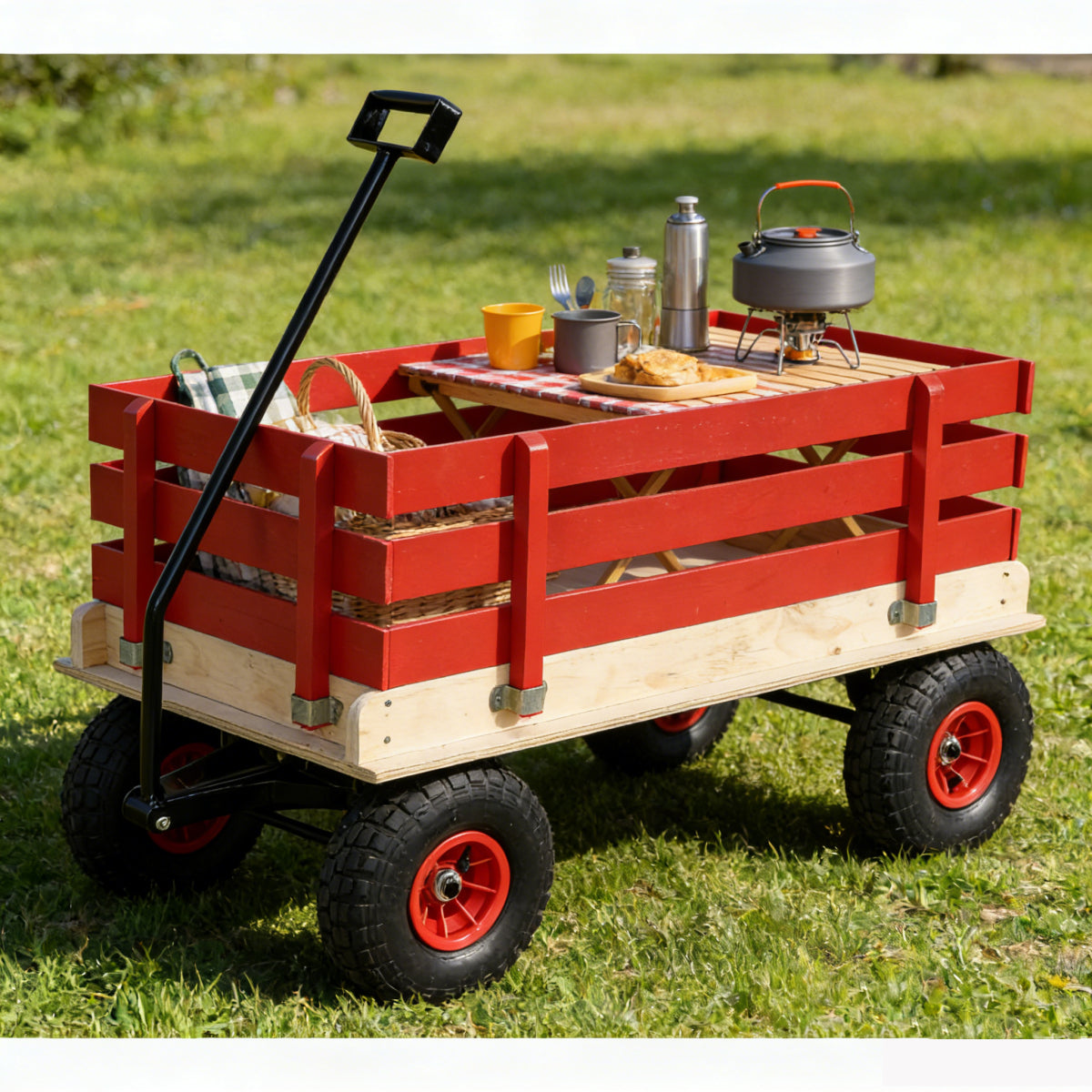 Children's and garden wooden carriages, all-terrain rubber inflatable wheelers, outdoor games, courtyard transportation, picnic supplies (red and natural colors)
