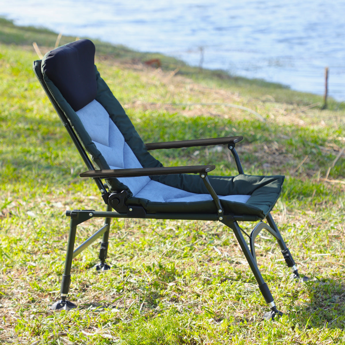 Camping Lounge Chair, Portable Folding Reclining Camping Chair with Adjustable backrest for Indoor and Outdoor Camping Beach Hiking Fishing, Green+black+grey