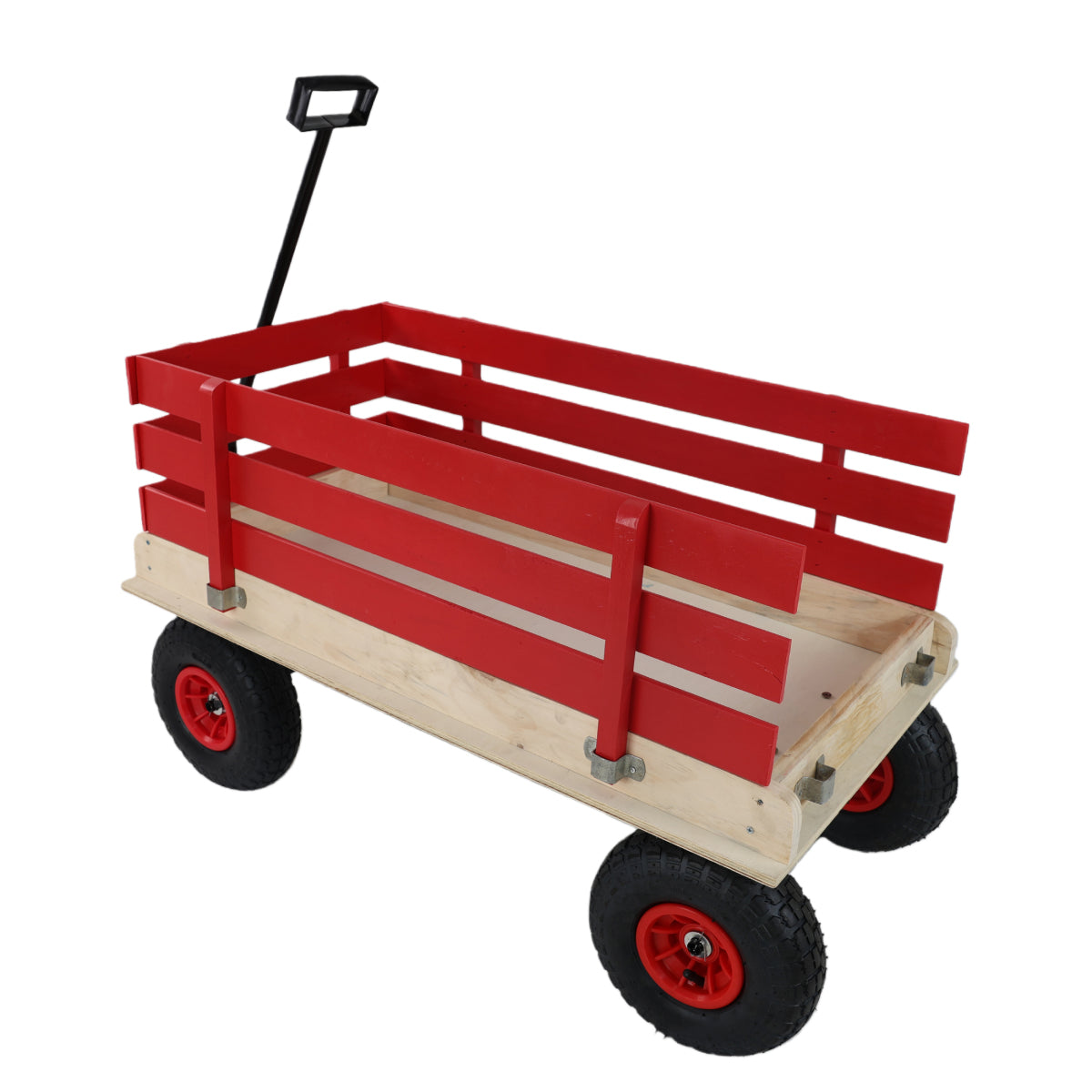 Children's and garden wooden carriages, all-terrain rubber inflatable wheelers, outdoor games, courtyard transportation, picnic supplies (red and natural colors)
