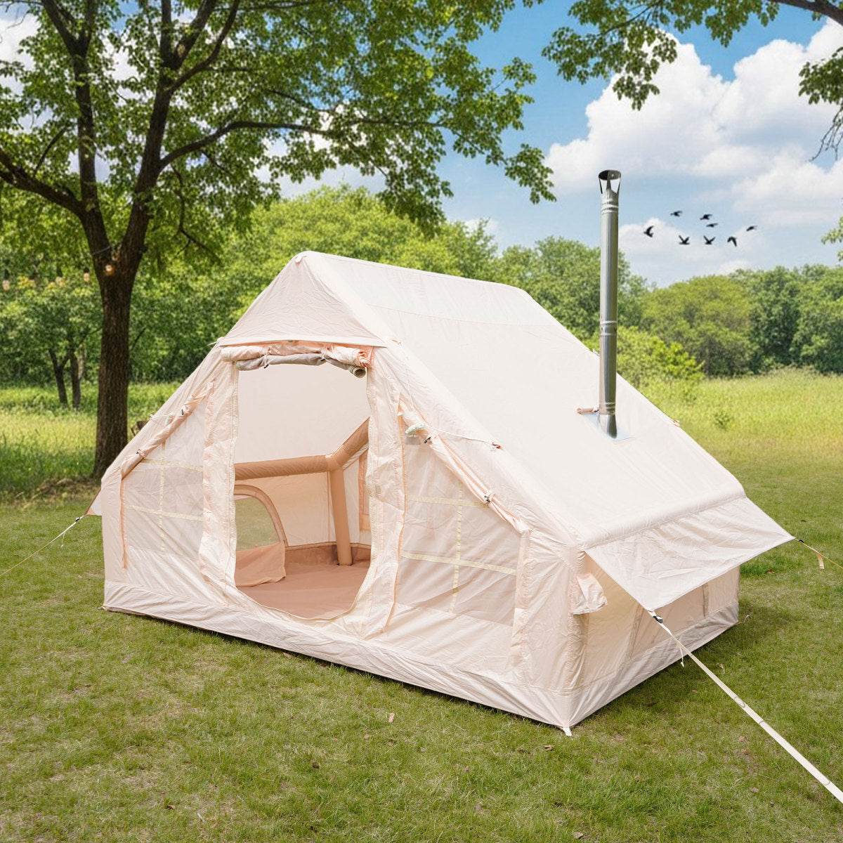Inflatable Camping Tents with Hand Pump, Air Glamping Tents, Easy Setup Waterproof and Windproof Blow up Tent, 4 Seasons Oxford Cabin Tent with Mesh & Chimney Window.   WL