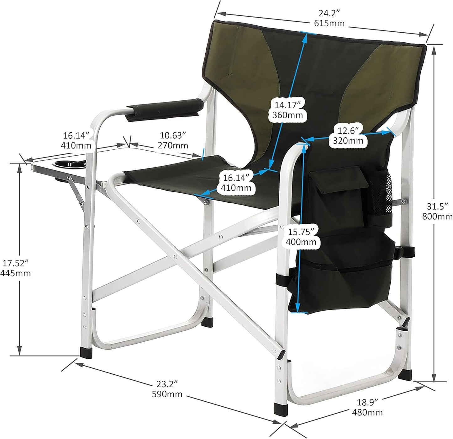 Oversized Camping Directors Chair, Portable Aluminum Camping Chairs, Padded Folding Directors Chair with Side Table Storage Pockets, Outdoor Camping, Picnics and Fishing (2, Green)