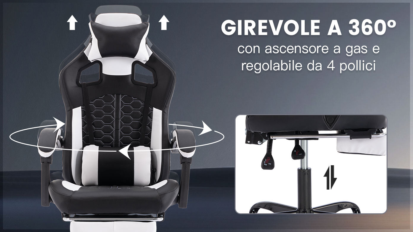 Gaming Chair with Massage,Ergonomic PC Gaming Chair with Footrest Comfortable Headrest and Lumbar Support,High Back PVC Leather,300LBS (Black White)