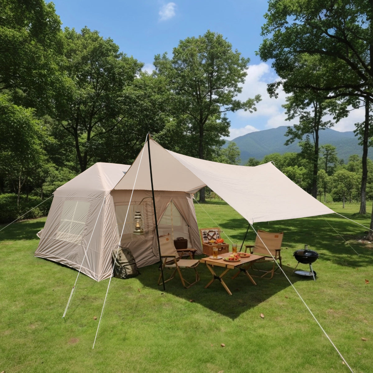 5.72m ² Inflatable Camping Tent, Glamping Tents Easy Setup 4 Season Windproof Outdoor Cotton Tent with Stove Jack & Mesh Windows & Pump