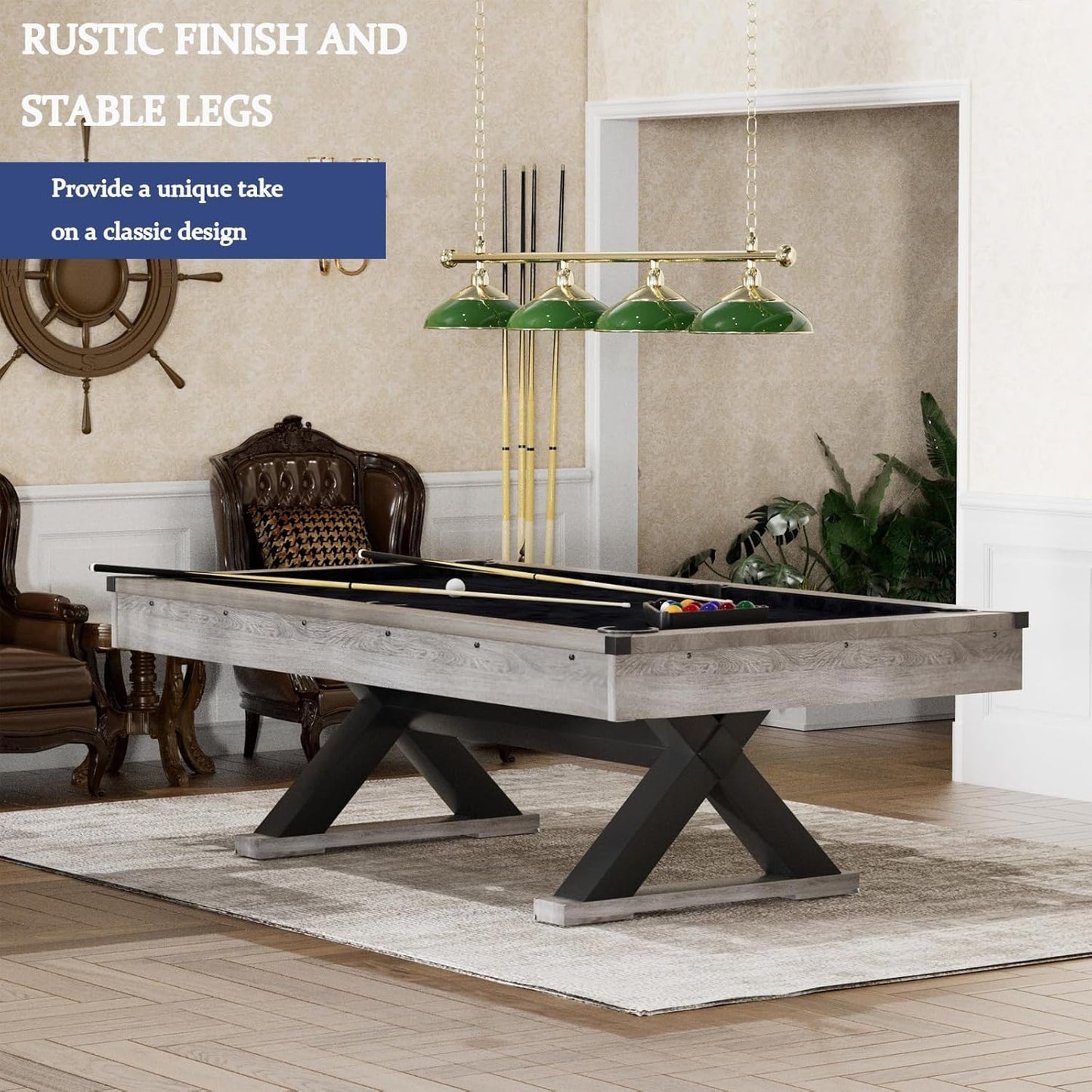 84" Pool Table, 7 FT Billiard Tables with 2 Cue Sticks, Billiard Balls, Cues, Cleaning Brush,Stable Legs,Modern Billiards Table,Black Cloth, Rustic Grey,84.1" L x 46.5" W x 32" H