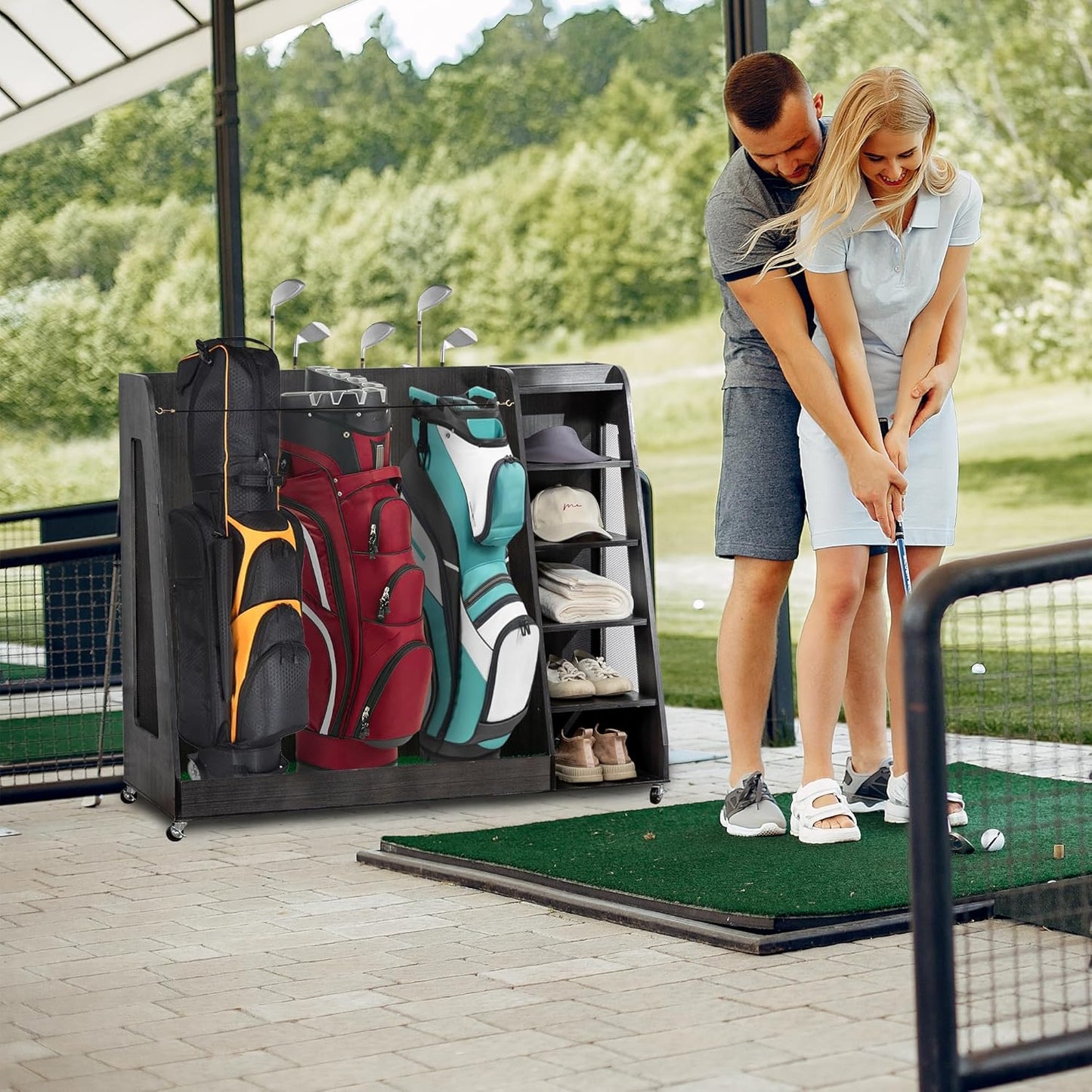 Wooden Golf Bag Organizer Garage Large Golf Bag Storage Rack Stand with Wheels Fits 3 Golf Bags, Golf Clubs and Other Golfing Equipment Accessories Golf Bag Holder for Garage, Club, Shed Basement