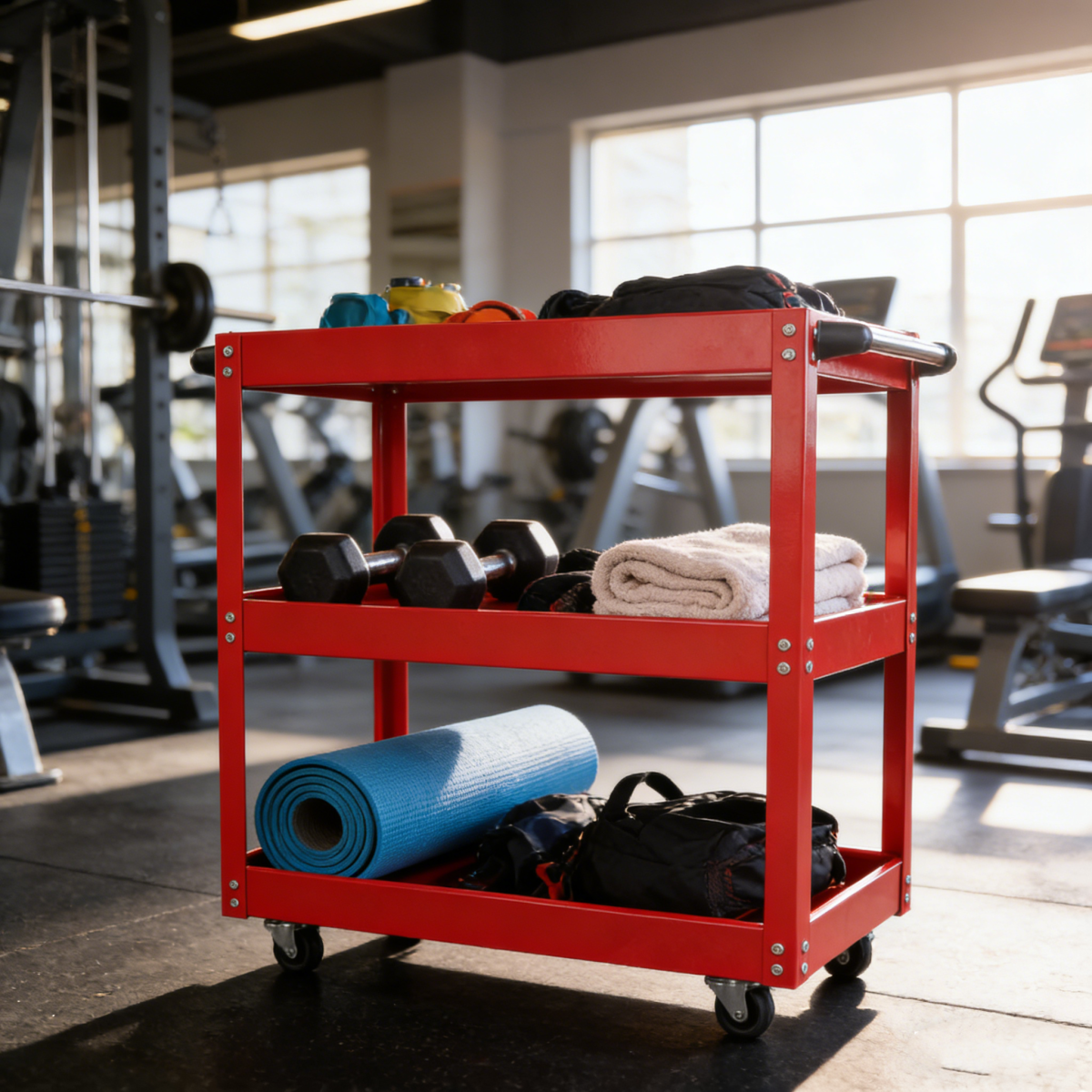 Tool Cart on Wheels, 3 Tier Rolling Mechanic Tool Cart, Heavy Duty Steel Utility Cart w/Lockable Wheels, 450 LBS Capacity Industrial Service Cart for Garage, Warehouse, Workshop (Bright Red)