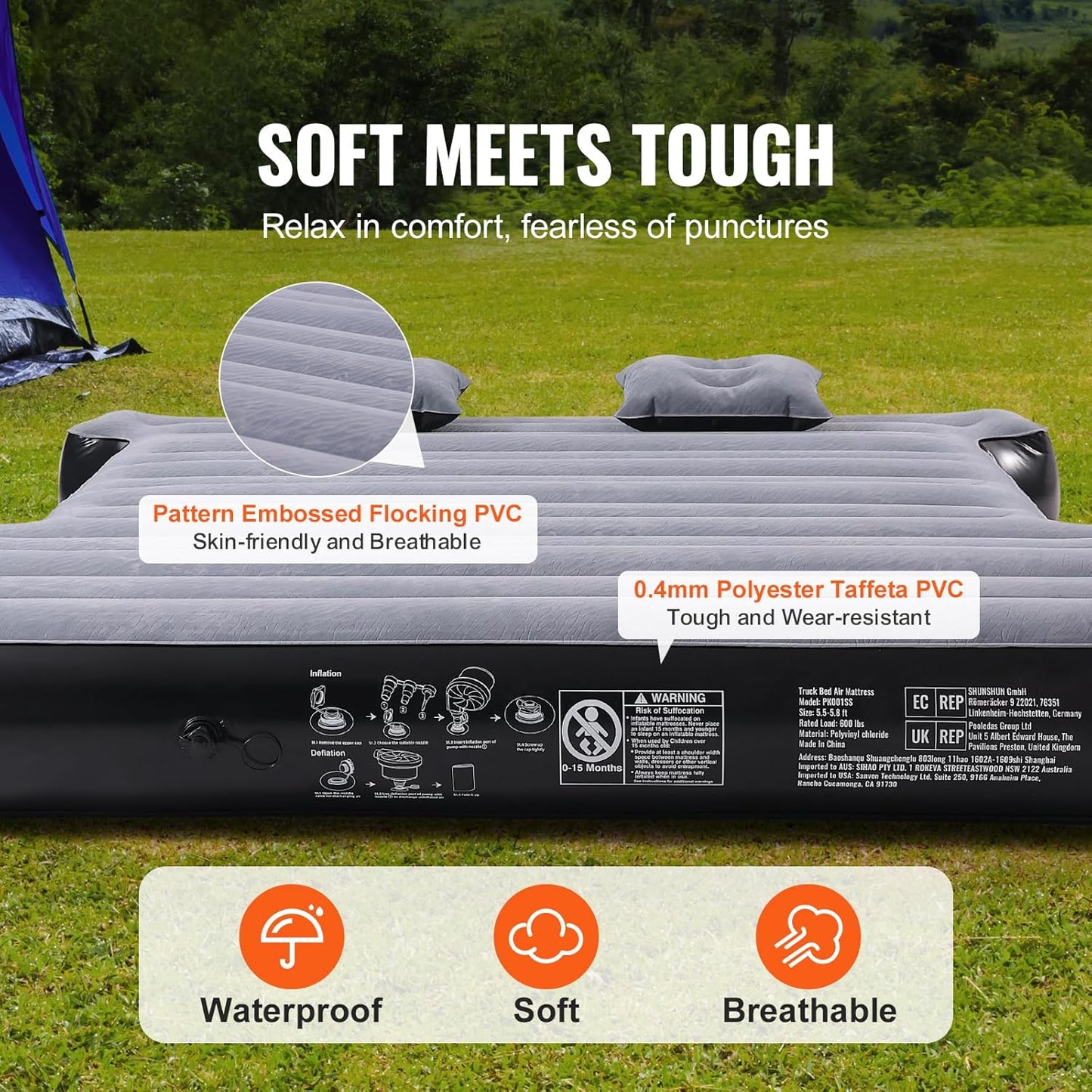 Inflatable Mattress for Pickup Beds, 5.5-5.8 ft Air Bed for Camping, Electric Pump, 2 Pillows, Storage Bag, Fits Silverado, RAM, F Series, Sierra, Titan, Tundra, Grey