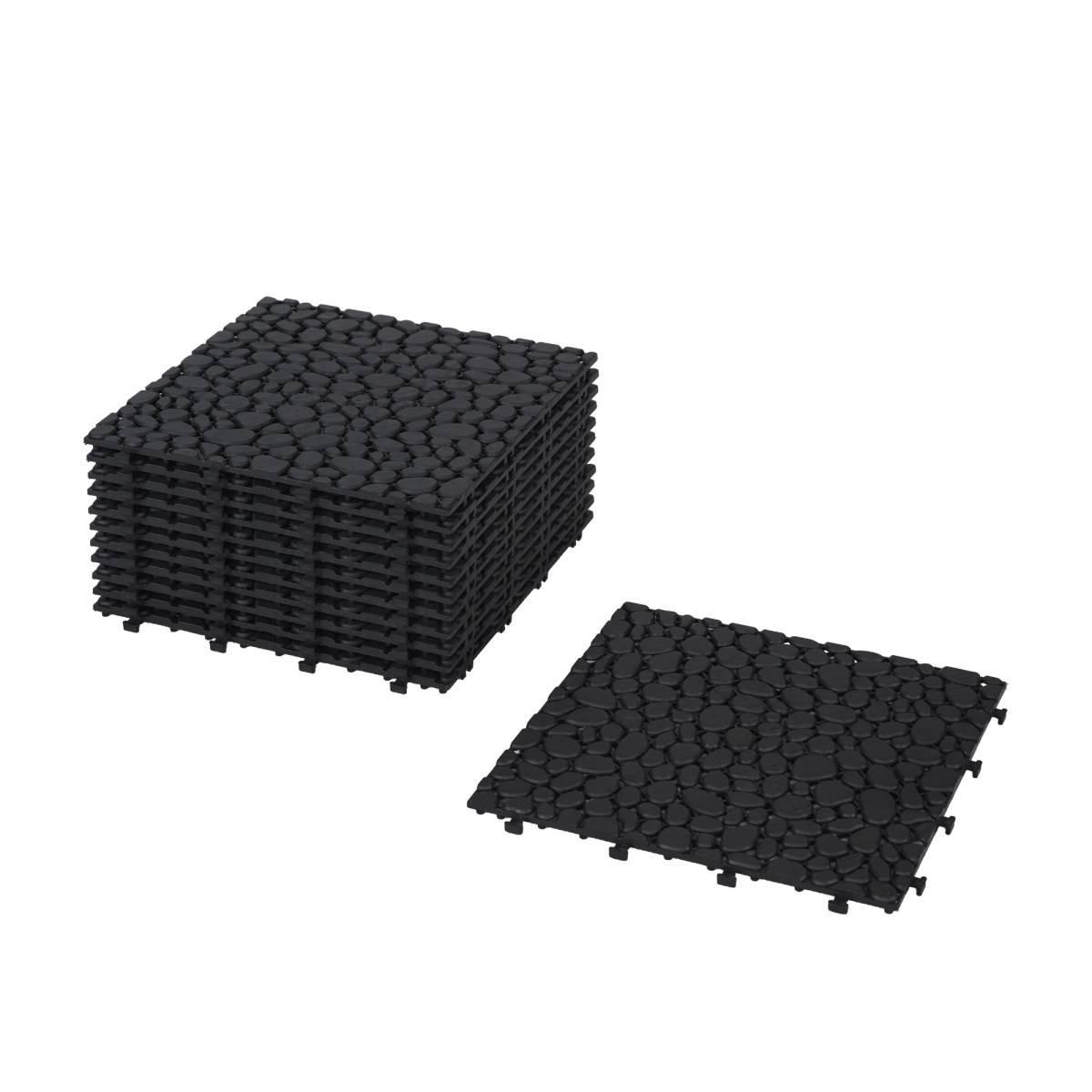 12 x 12 Inch Black Interlocking Deck Tiles Plastic Waterproof Outdoor All Weather Anti-slip Bathroom Shower Balcony Porch Strong Weight Capacity Upto 440 LBS, Pebble Stone Pattern Pack of 12