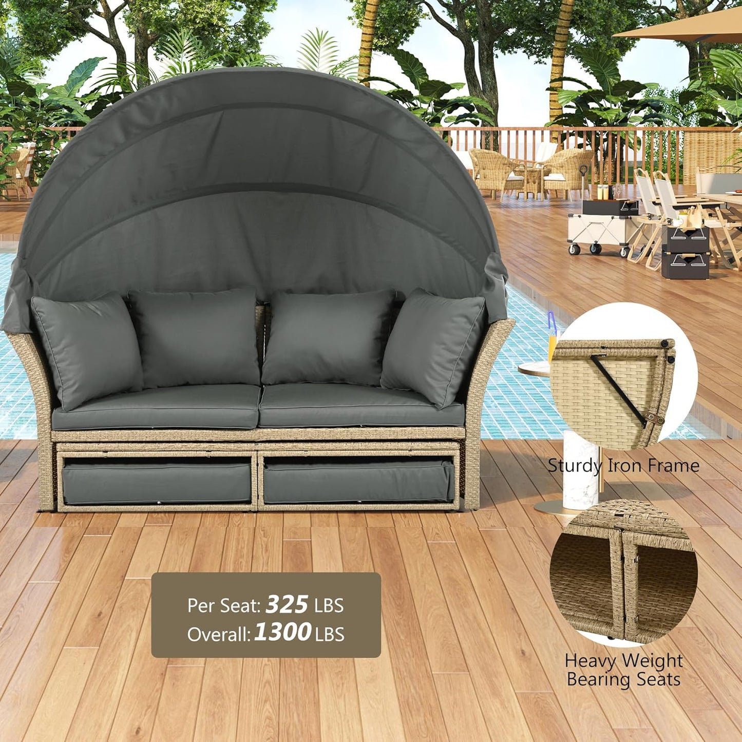 Outdoor Patio Rattan Round Daybed with Retractable Canopy, Wicker Furniture Clamshell Sectional Seating Sunbed with Removable Cushions and 4 Pillows for Patio Backyard Porch,Grey
