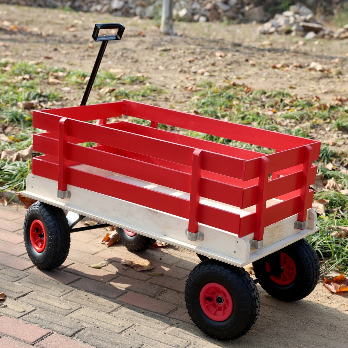 Children's and garden wooden carriages, all-terrain rubber inflatable wheelers, outdoor games, courtyard transportation, picnic supplies (red and natural colors)