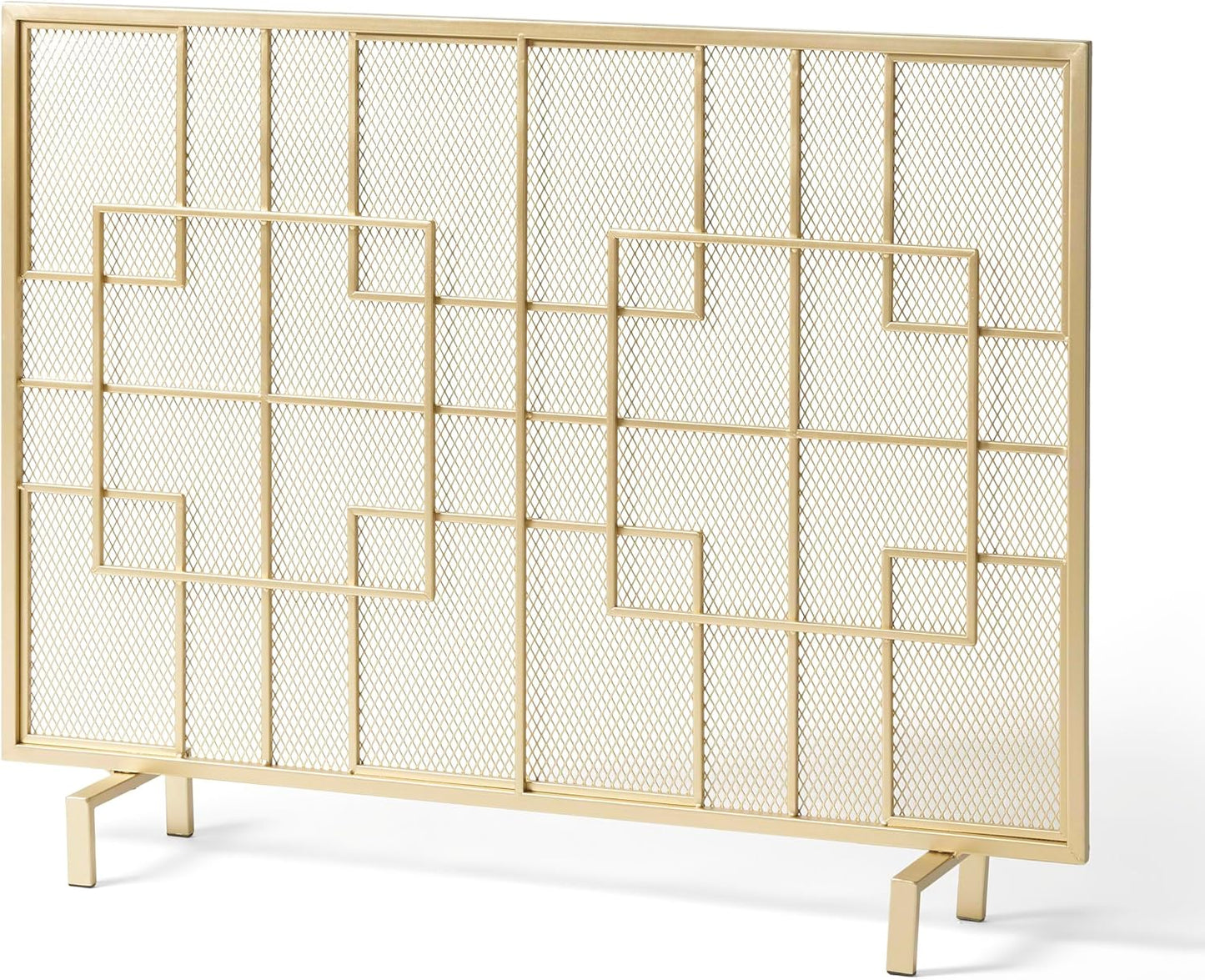 1 Panel Fireplace Screen, Lightweight Iron Fire Spark Guard for Living Room, Modern Fire Place Protector Gate for Home, Geometric Design， 41" x 30.75", Gold