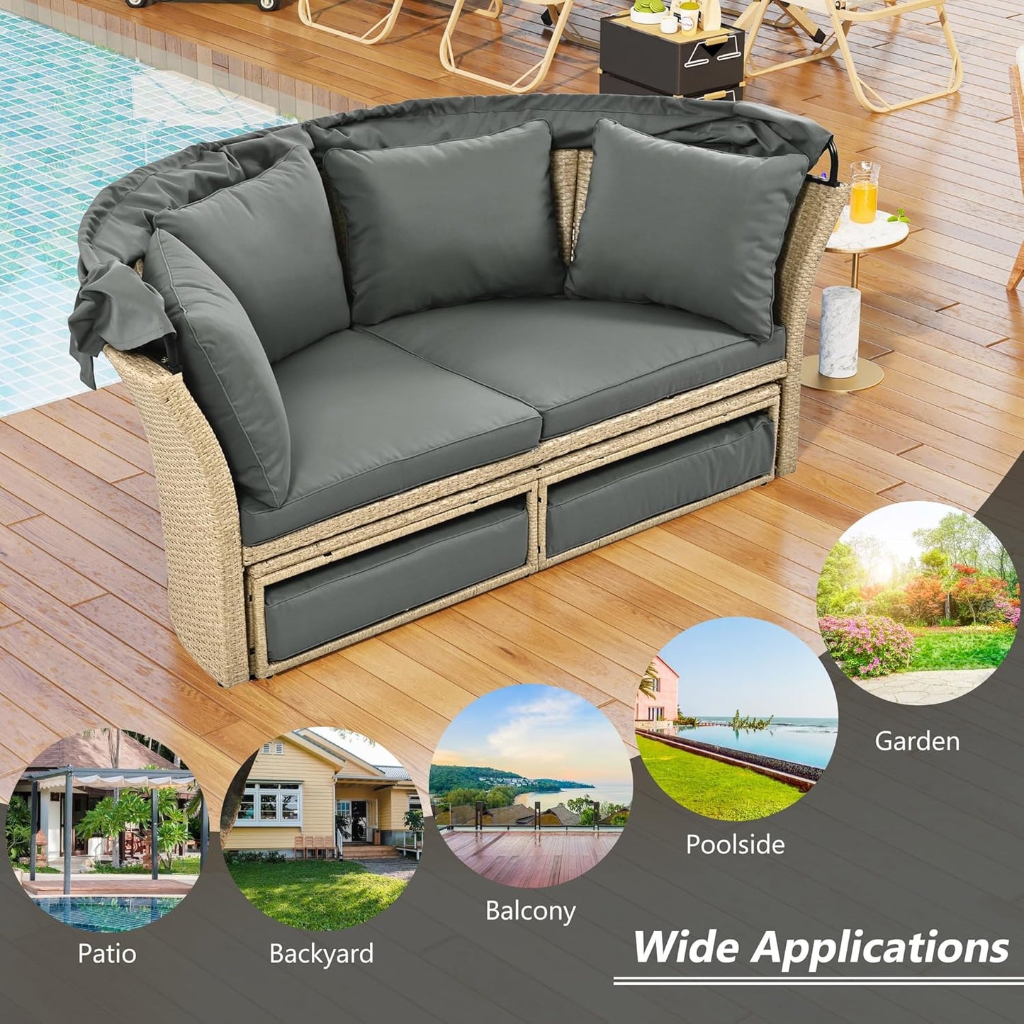 Outdoor Patio Rattan Round Daybed with Retractable Canopy, Wicker Furniture Clamshell Sectional Seating Sunbed with Removable Cushions and 4 Pillows for Patio Backyard Porch,Grey