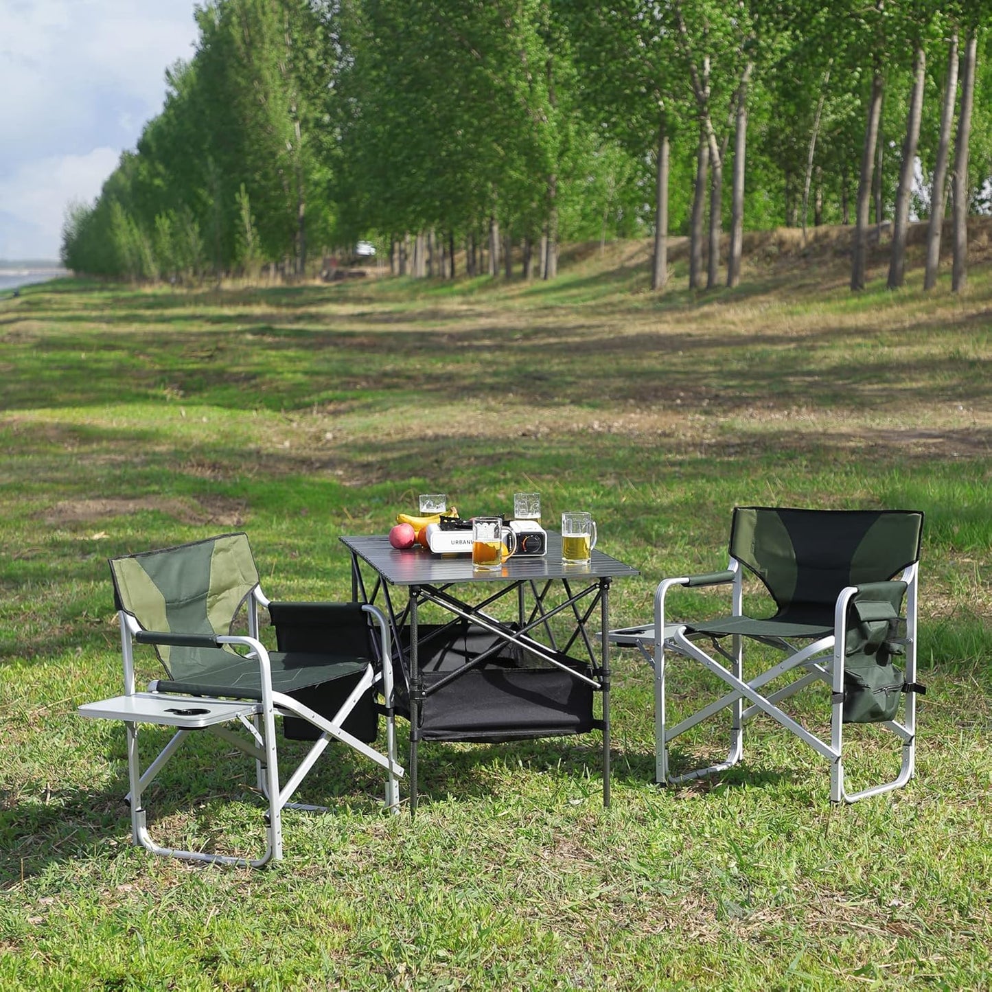 Oversized Camping Directors Chair, Portable Aluminum Camping Chairs, Padded Folding Directors Chair with Side Table Storage Pockets, Outdoor Camping, Picnics and Fishing (2, Green)