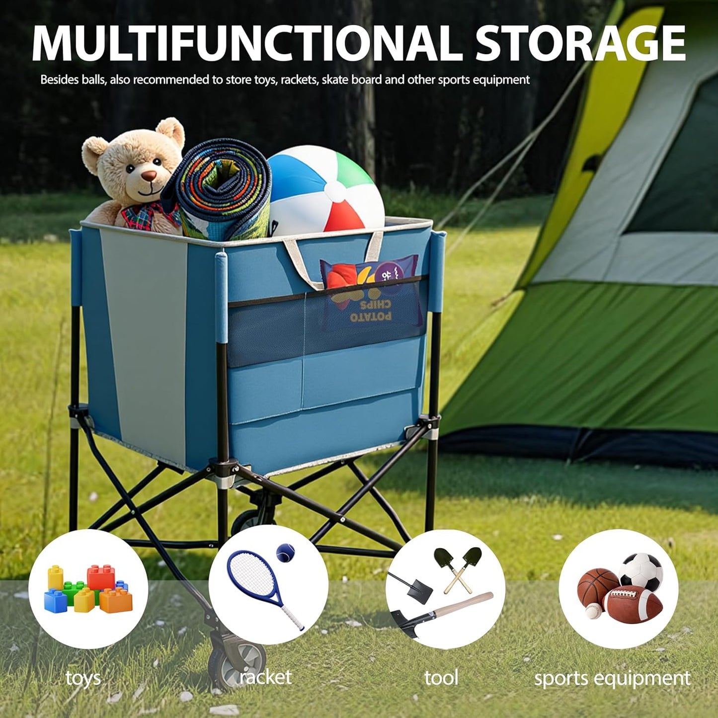 ZeHuoGe Rolling Ball Storage Cart with Wheels, Collapsible Garage Sports Equipment Organizer for Volleyball Basketball Tennis Toy Storage Multi-Sport Family Gym