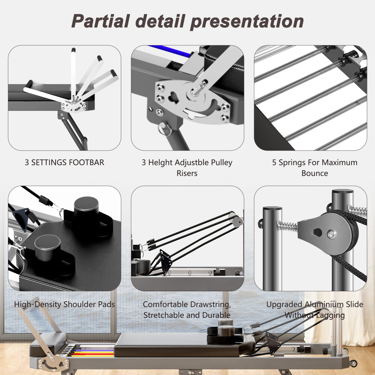 Extra Large Pilates Reformer - Multi-functional Home Fitness Equipment, 395lbs Capacity, with Dynamic Resistance Cords and Aerobic Rebounder, Improves Posture, Builds Strength, Reduces Stress, black