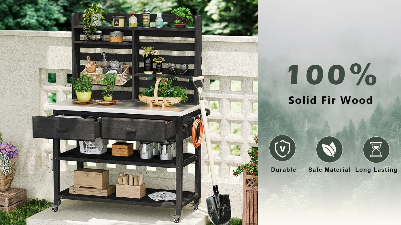 K&K 64.9"H Outdoor Potting Bench Table with Lockable Wheels, Solid Wood Outdoor Kitchen Island with Upper Hutch, Stainless Steel Top, Towel Rack ,Outdoor Storage for Grilling, Lawn Garden -Black