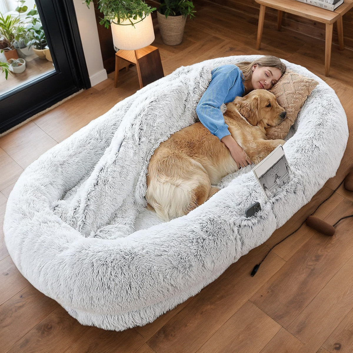Human Dog Bed, Washable Faux Fur Dog Bed for People Doze Off, Napping Orthopedic Dog Bed,71''x45''x14'' Size Fits You and Pets (Grey) - Blankets and Pillows NOT INCLUDED