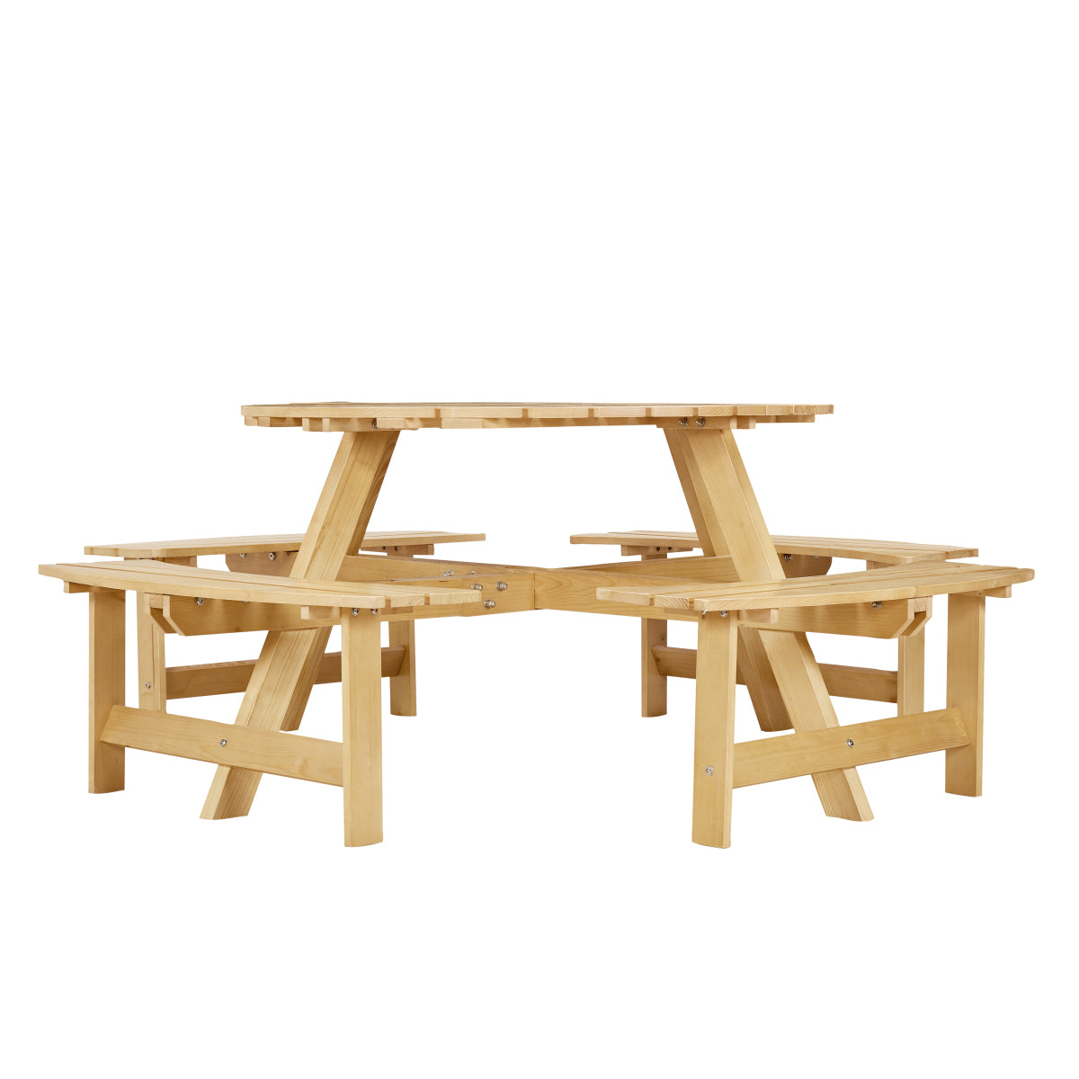 Outdoor 8 Person Picnic Table, 8 person Round Picnic Table with 4 Built-in Benches, Umbrella Hole, Outside Table and Bench Set for Garden, Backyard, Porch, Patio,  Natural   WL