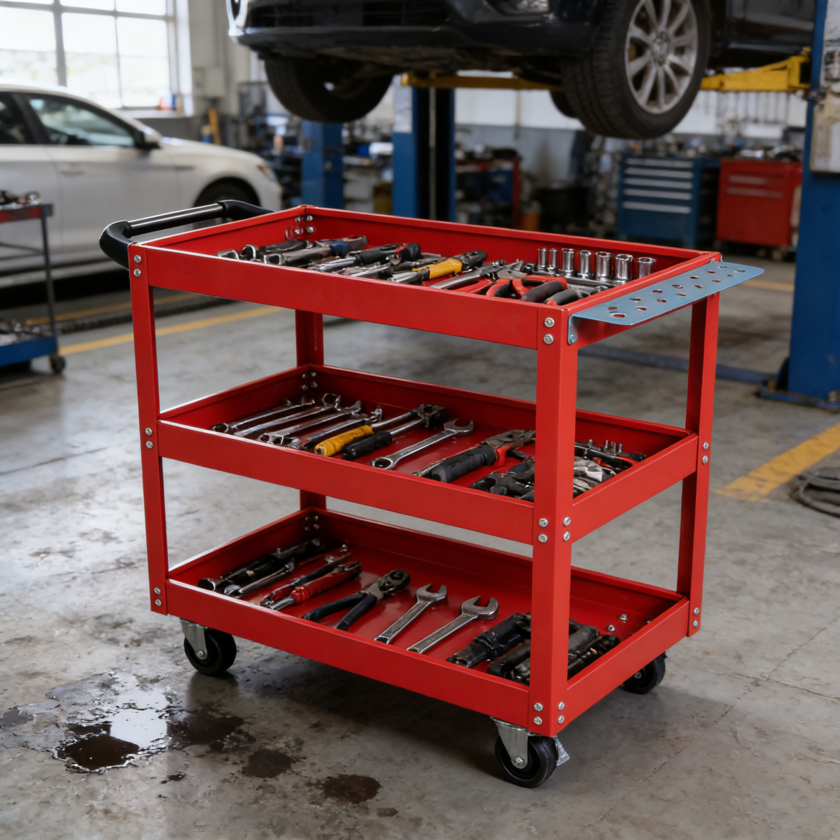 Tool Cart on Wheels, 3 Tier Rolling Mechanic Tool Cart, Heavy Duty Steel Utility Cart w/Lockable Wheels, 450 LBS Capacity Industrial Service Cart for Garage, Warehouse, Workshop (Bright Red)