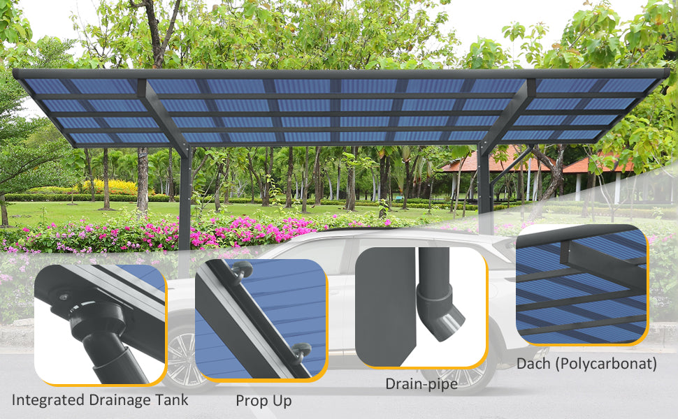 Outdoor Carport, 17.44FT*9FT Single Carport Aluminum Metal Frame and Polycarbonate Panels Car Port for Outdoor Driveway Car, Truck (Black)
