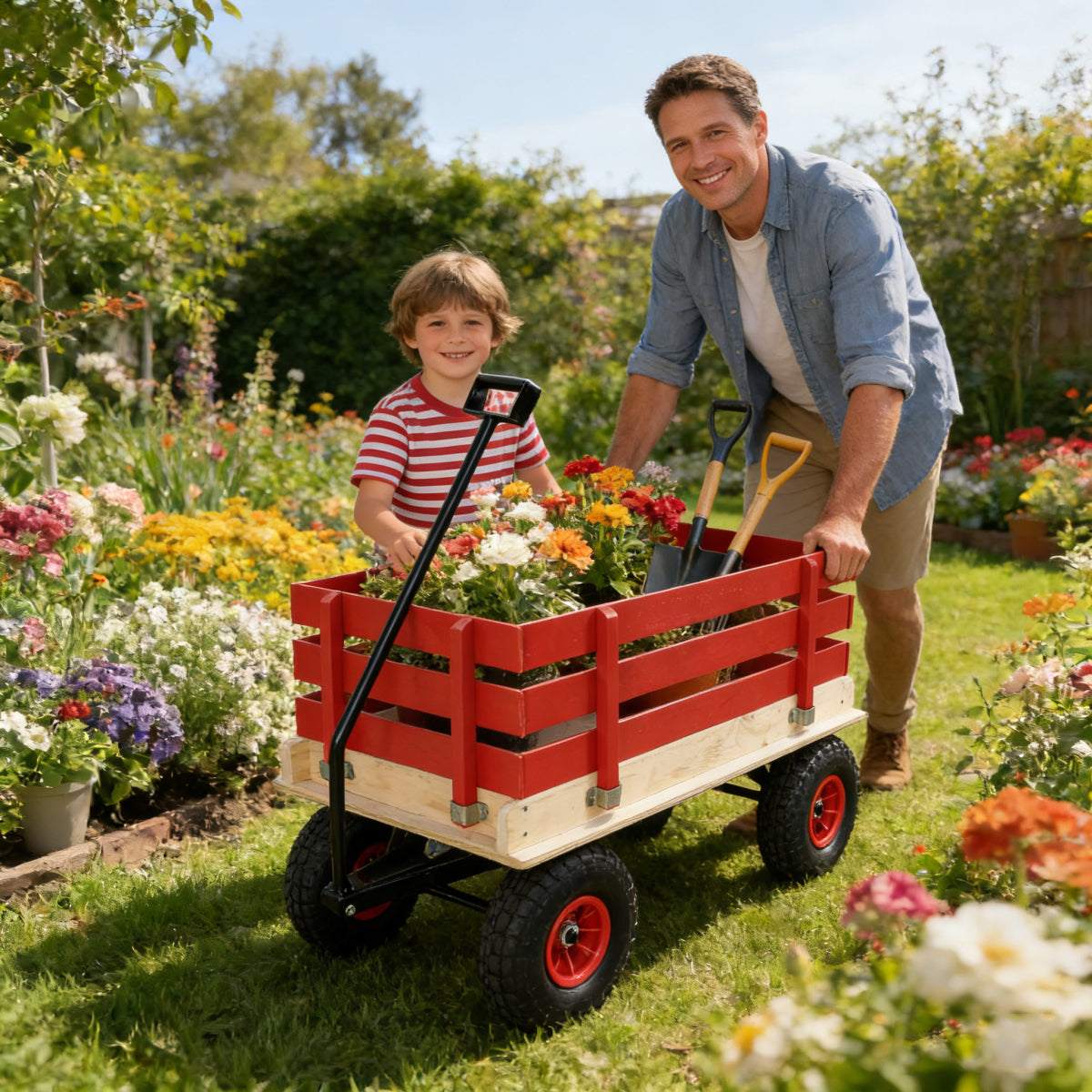 Children's and garden wooden carriages, all-terrain rubber inflatable wheelers, outdoor games, courtyard transportation, picnic supplies (red and natural colors)
