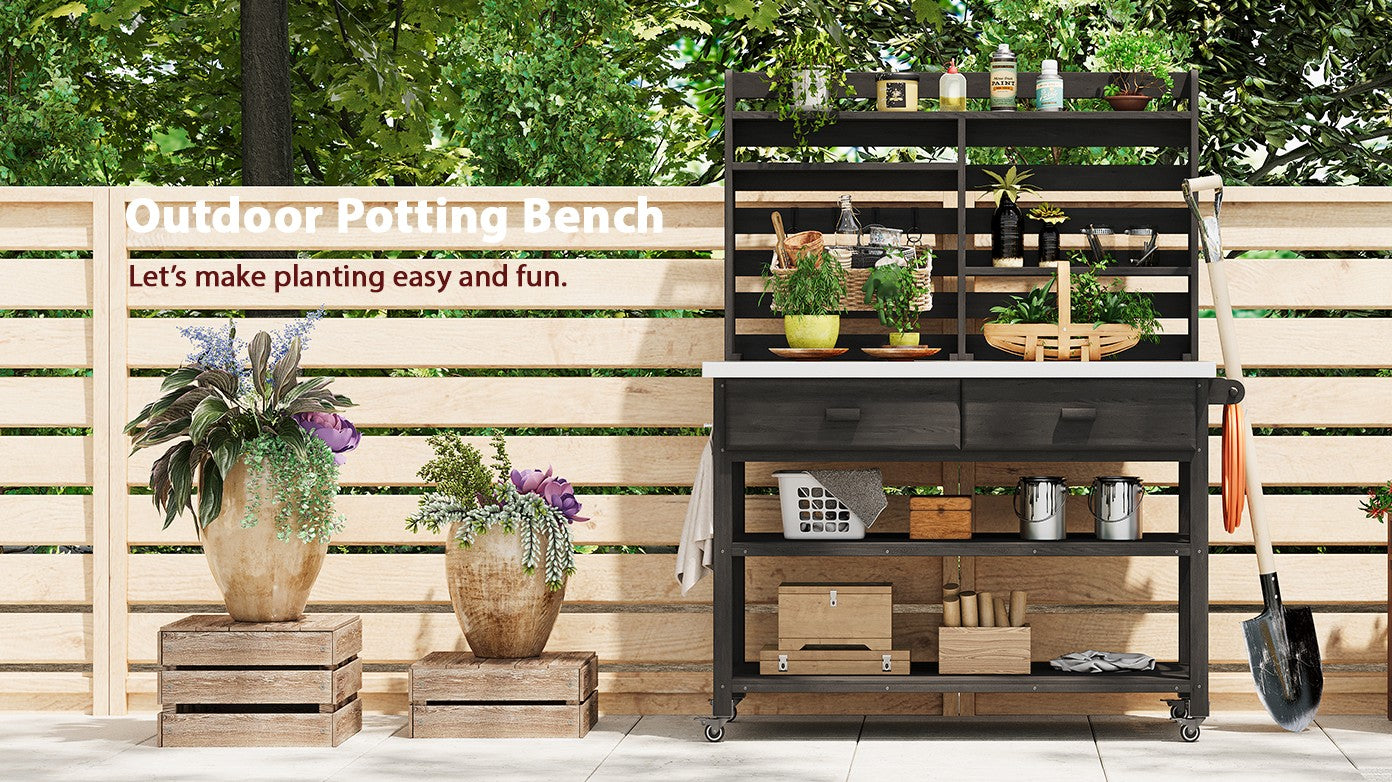 K&K 64.9"H Outdoor Potting Bench Table with Lockable Wheels, Solid Wood Outdoor Kitchen Island with Upper Hutch, Stainless Steel Top, Towel Rack ,Outdoor Storage for Grilling, Lawn Garden -Black