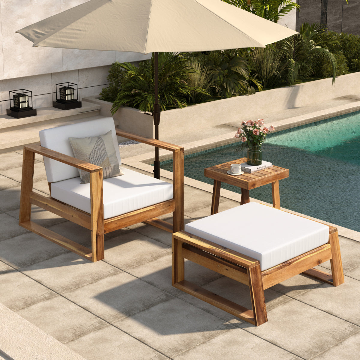 U_STYLE Acacia Wood Outdoor Lounge Set - Chair and Ottoman with Removable Cushions, All-Weather Outdoor Chaise Lounge/Daybed, Perfect for Patios, Balconies, and Gardens