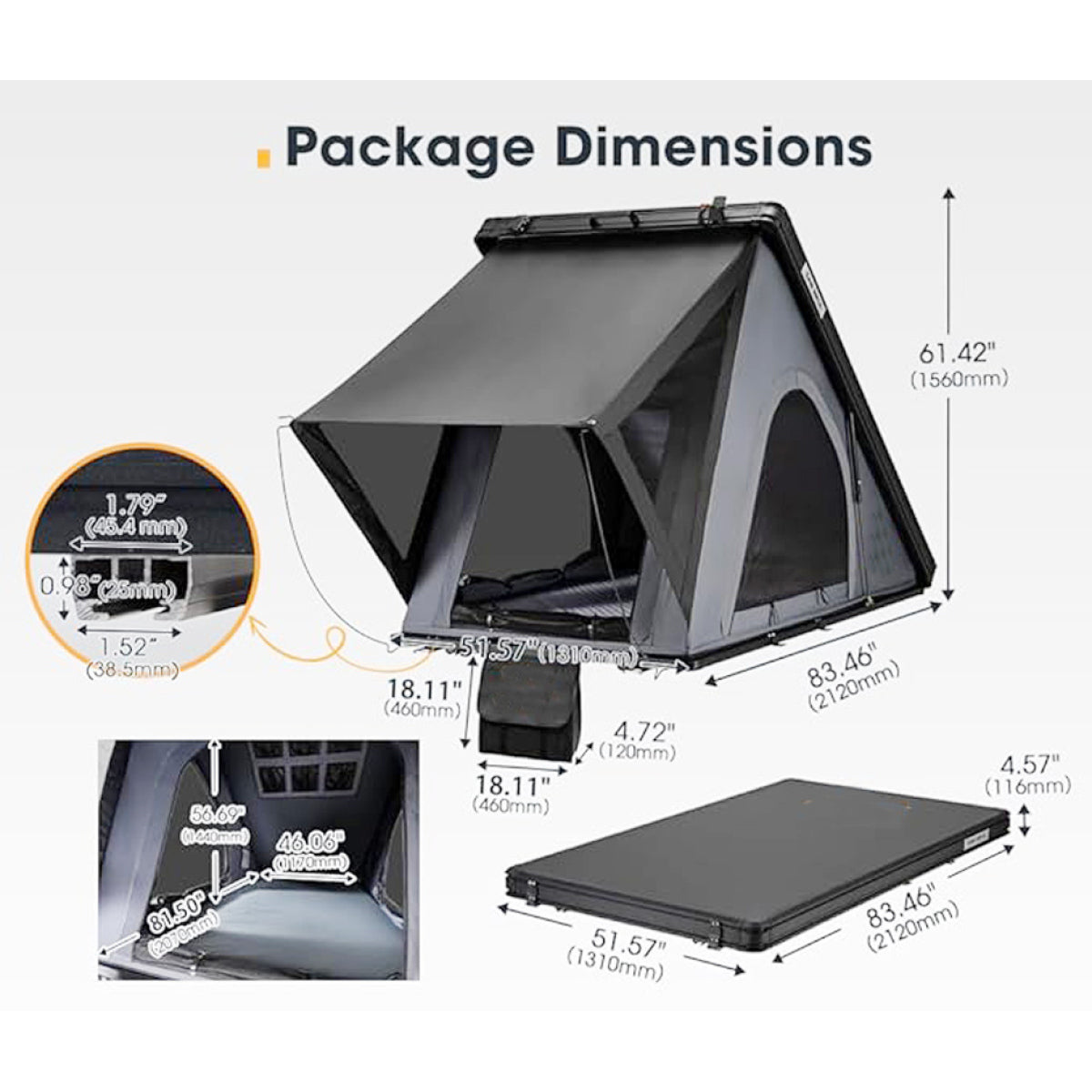 Thin And Light Version Rooftop Tent Hard Shell - Aluminium Roof Top Tent,With Tri-Color LED Strip Light & 1.97" Thick memory foam mattress,for Car SUV Truck Camping   WL