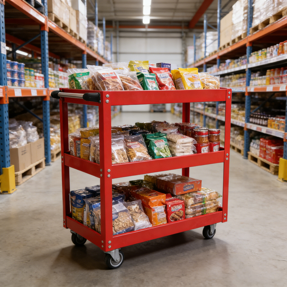 Tool Cart on Wheels, 3 Tier Rolling Mechanic Tool Cart, Heavy Duty Steel Utility Cart w/Lockable Wheels, 450 LBS Capacity Industrial Service Cart for Garage, Warehouse, Workshop (Bright Red)