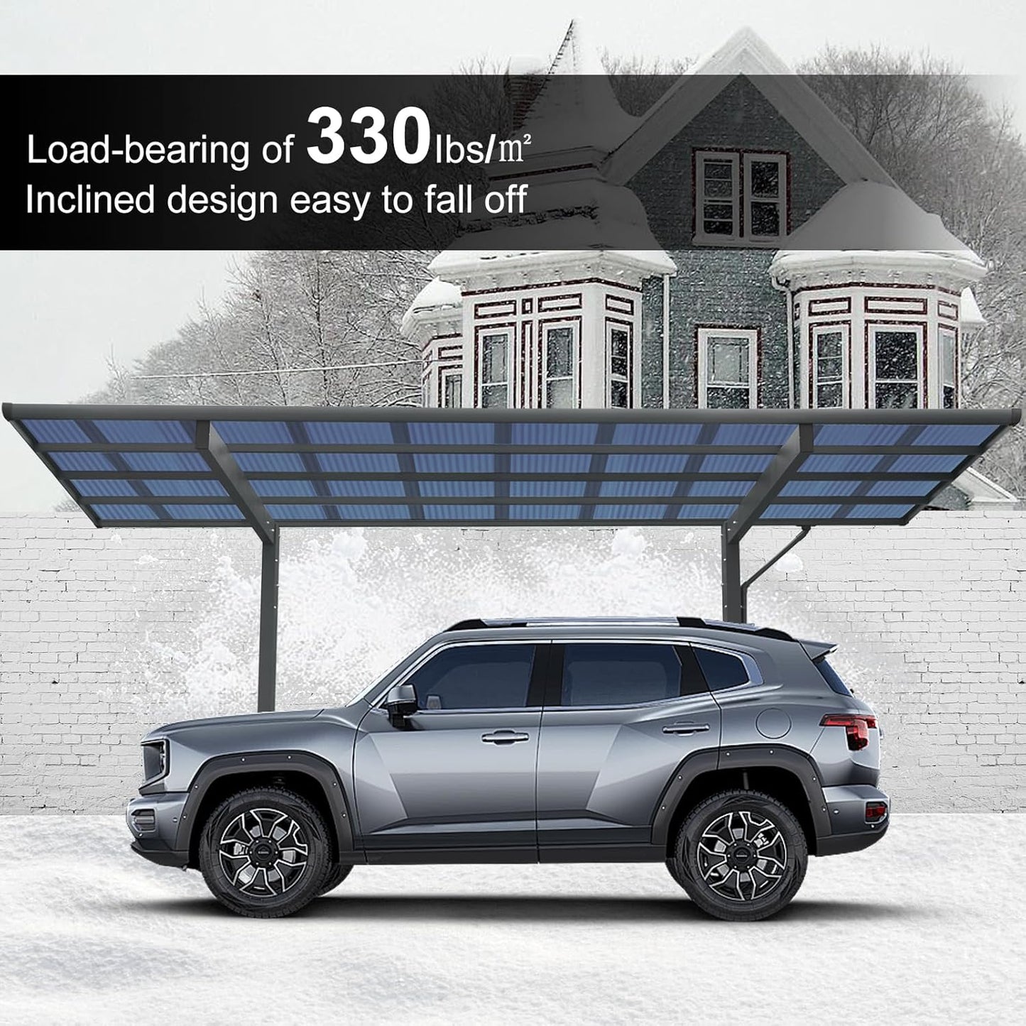 Outdoor Carport, 17.44FT*9FT Single Carport Aluminum Metal Frame and Polycarbonate Panels Car Port for Outdoor Driveway Car, Truck (Black)