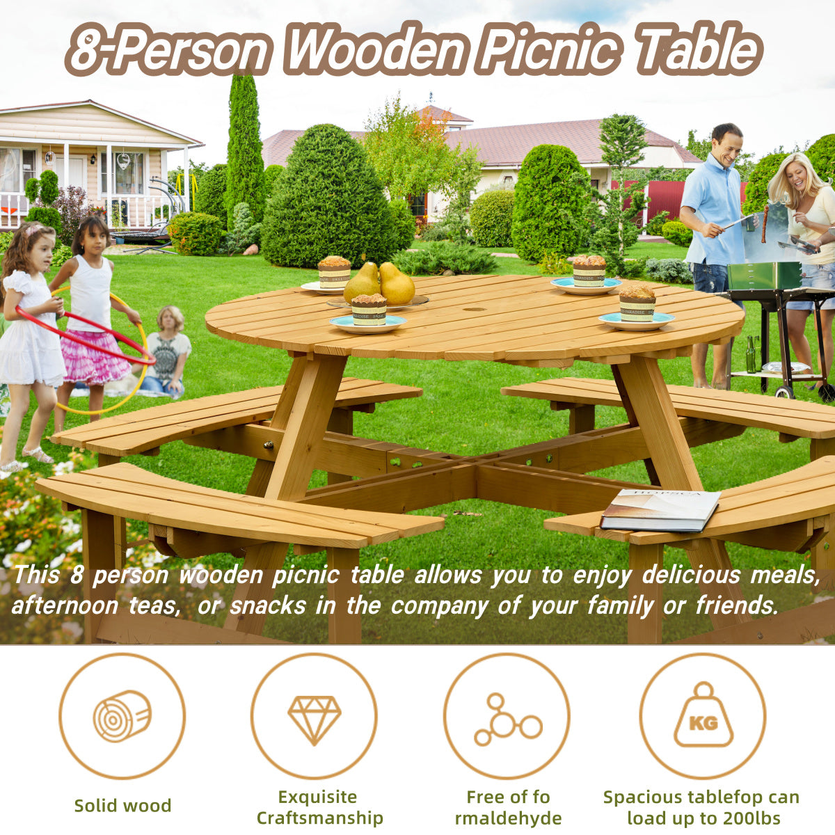 Outdoor 8 Person Picnic Table, 8 person Round Picnic Table with 4 Built-in Benches, Umbrella Hole, Outside Table and Bench Set for Garden, Backyard, Porch, Patio,  Natural   WL