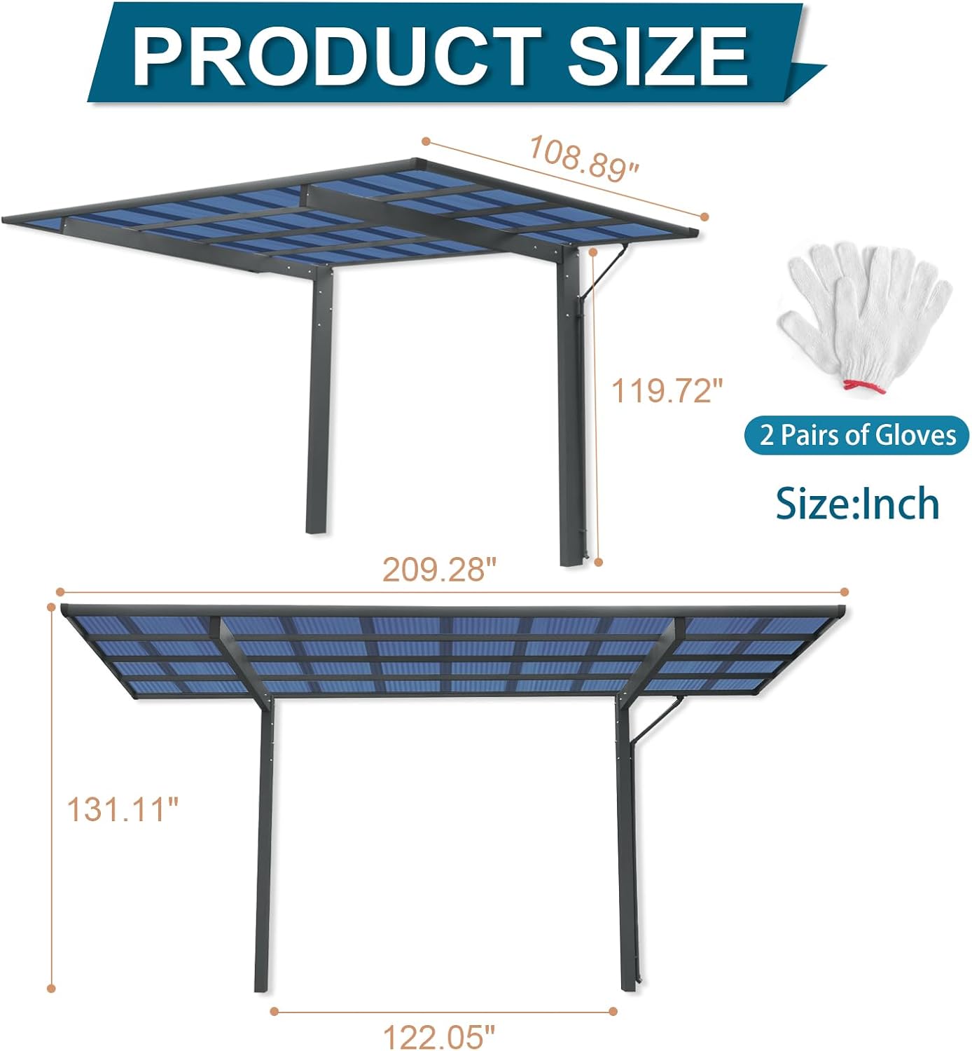 Outdoor Carport, 17.44FT*9FT Single Carport Aluminum Metal Frame and Polycarbonate Panels Car Port for Outdoor Driveway Car, Truck (Black)