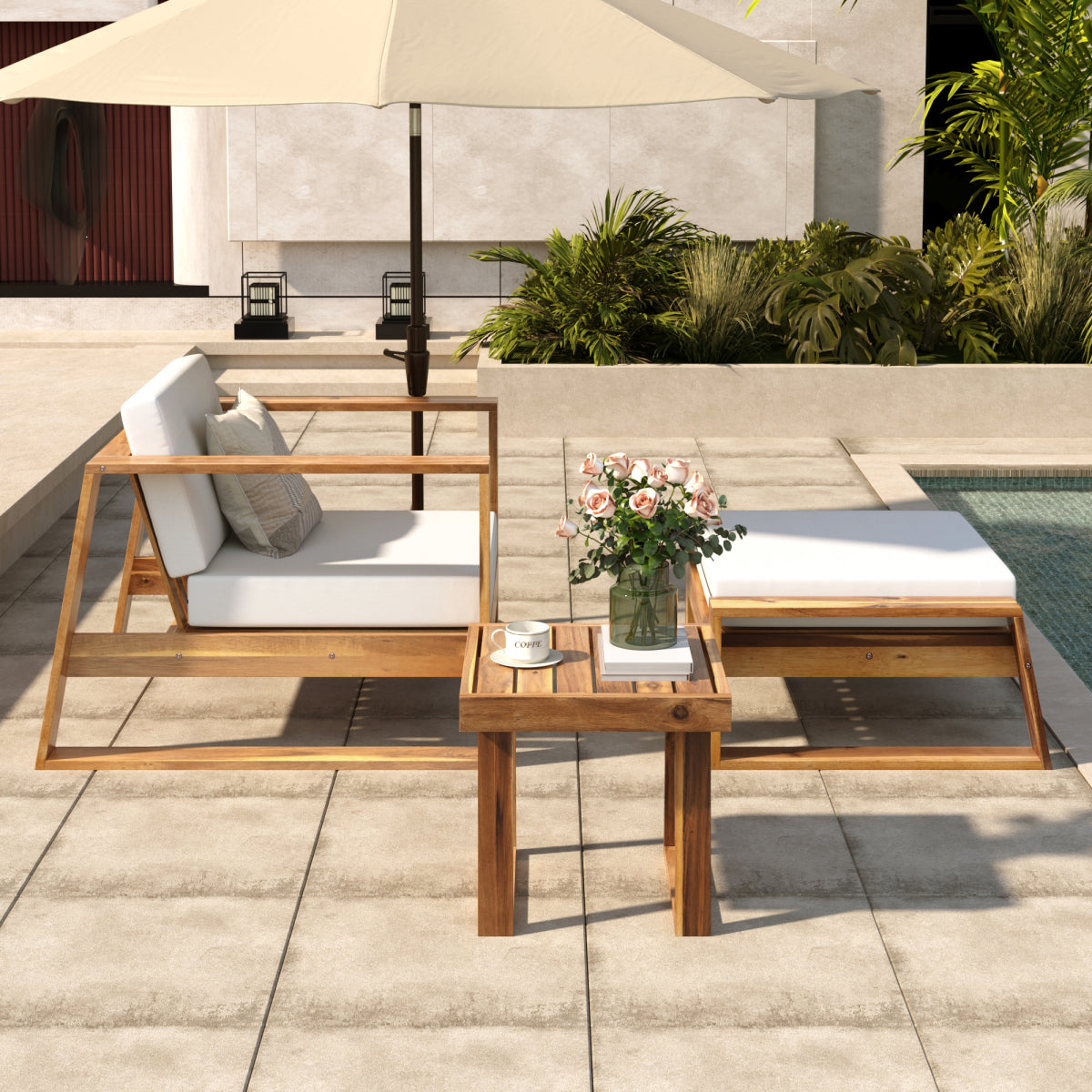 U_STYLE Acacia Wood Outdoor Lounge Set - Chair and Ottoman with Removable Cushions, All-Weather Outdoor Chaise Lounge/Daybed, Perfect for Patios, Balconies, and Gardens