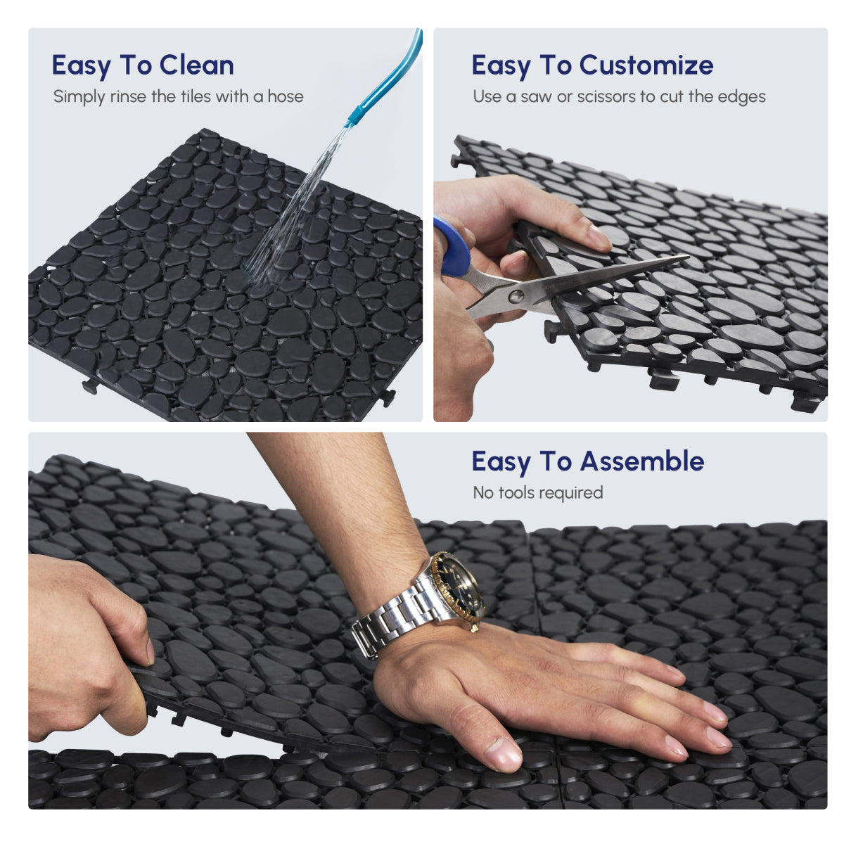 12 x 12 Inch Black Interlocking Deck Tiles Plastic Waterproof Outdoor All Weather Anti-slip Bathroom Shower Balcony Porch Strong Weight Capacity Upto 440 LBS, Pebble Stone Pattern Pack of 12