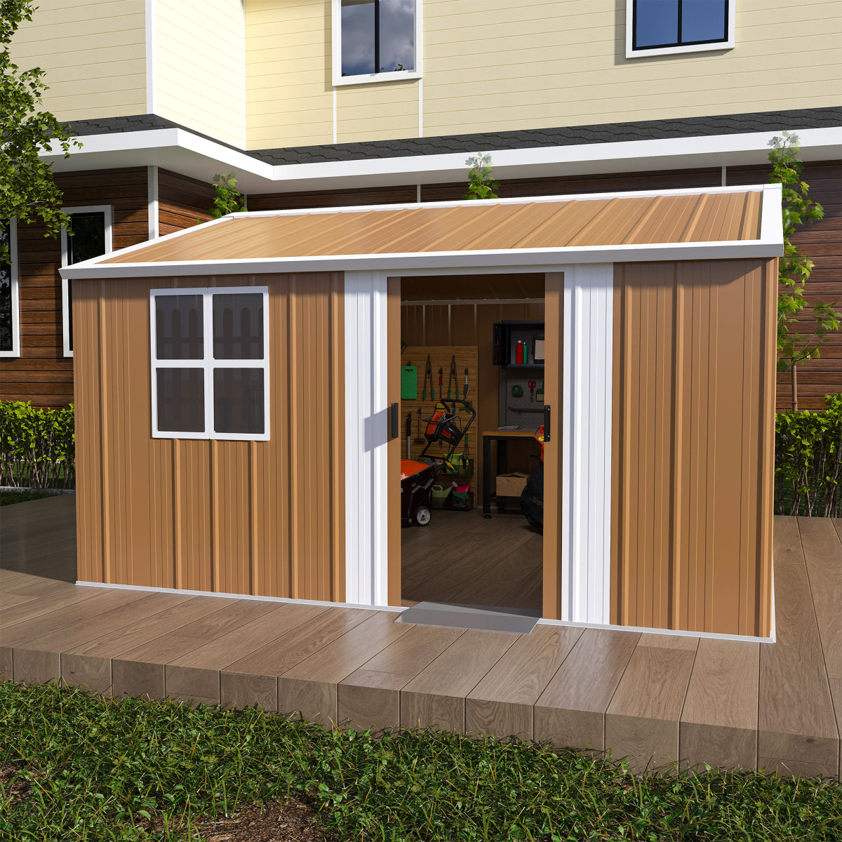 12x10 FT Heavy-Duty Metal Storage Shed with Windows, Lockable Door & Ventilation - Weatherproof Outdoor Garden Shed for Backyard, Lawn, and Tool Organization    RR