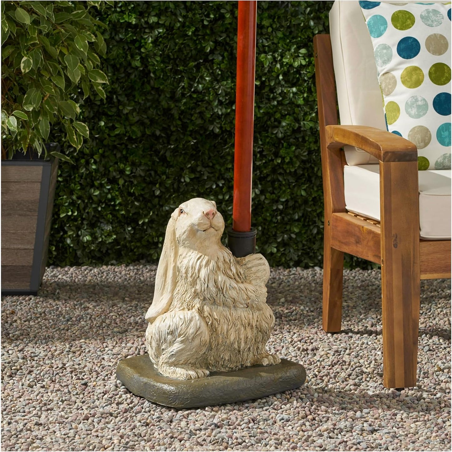 Rabbit Umbrella Base - 50lb Matte White Outdoor Patio Stand - Concrete with Resin Finish - Fits 1.5", 1.75", & 2" Poles - Charming Garden Decor