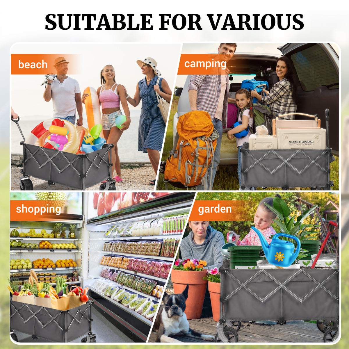 PORTABLE 400L Collapsible Wagon, Folding Wagon Cart , Beach Wagon with Big Wheels, 450LB Heavy Duty Foldable Wagon, Large Capacity Wagon for Camping, Sports, Garden, Baseball