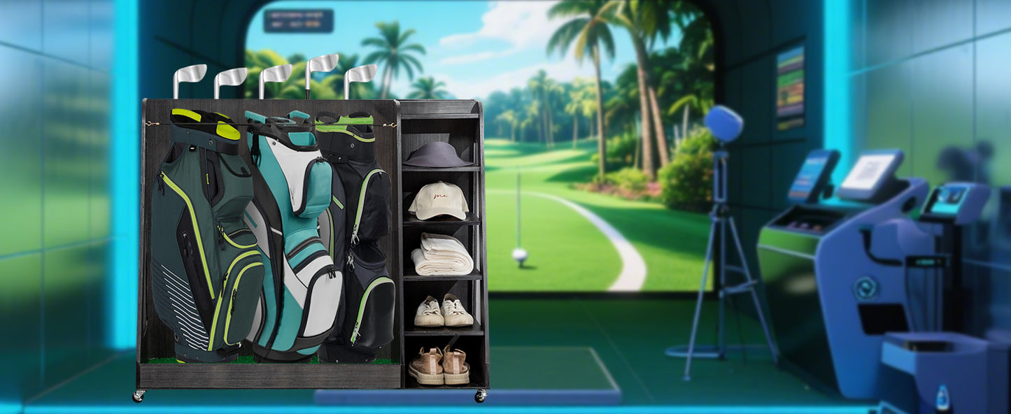 Wooden Golf Bag Organizer Garage Large Golf Bag Storage Rack Stand with Wheels Fits 3 Golf Bags, Golf Clubs and Other Golfing Equipment Accessories Golf Bag Holder for Garage, Club, Shed Basement