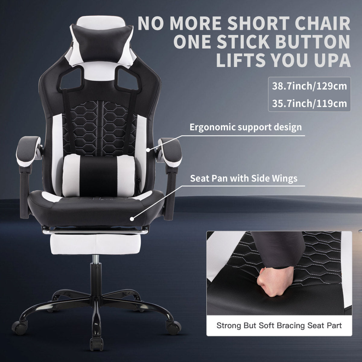 Gaming Chair with Massage,Ergonomic PC Gaming Chair with Footrest Comfortable Headrest and Lumbar Support,High Back PVC Leather,300LBS (Black White)