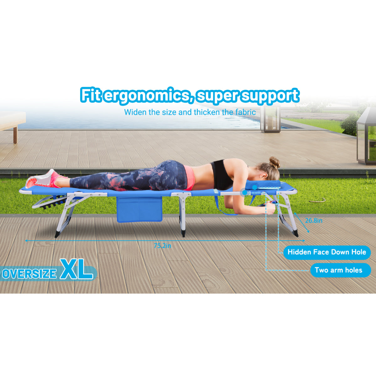 3-in-1 Heavy Duty Tanning Chair with Face Hole Adjustable 5-Position Folding Chaise Lounge Chairs for Outside Portable Lay Flat Beach Lounge Chair for Outdoor Sunbathing Patio Pool Lawn Camping Deck P