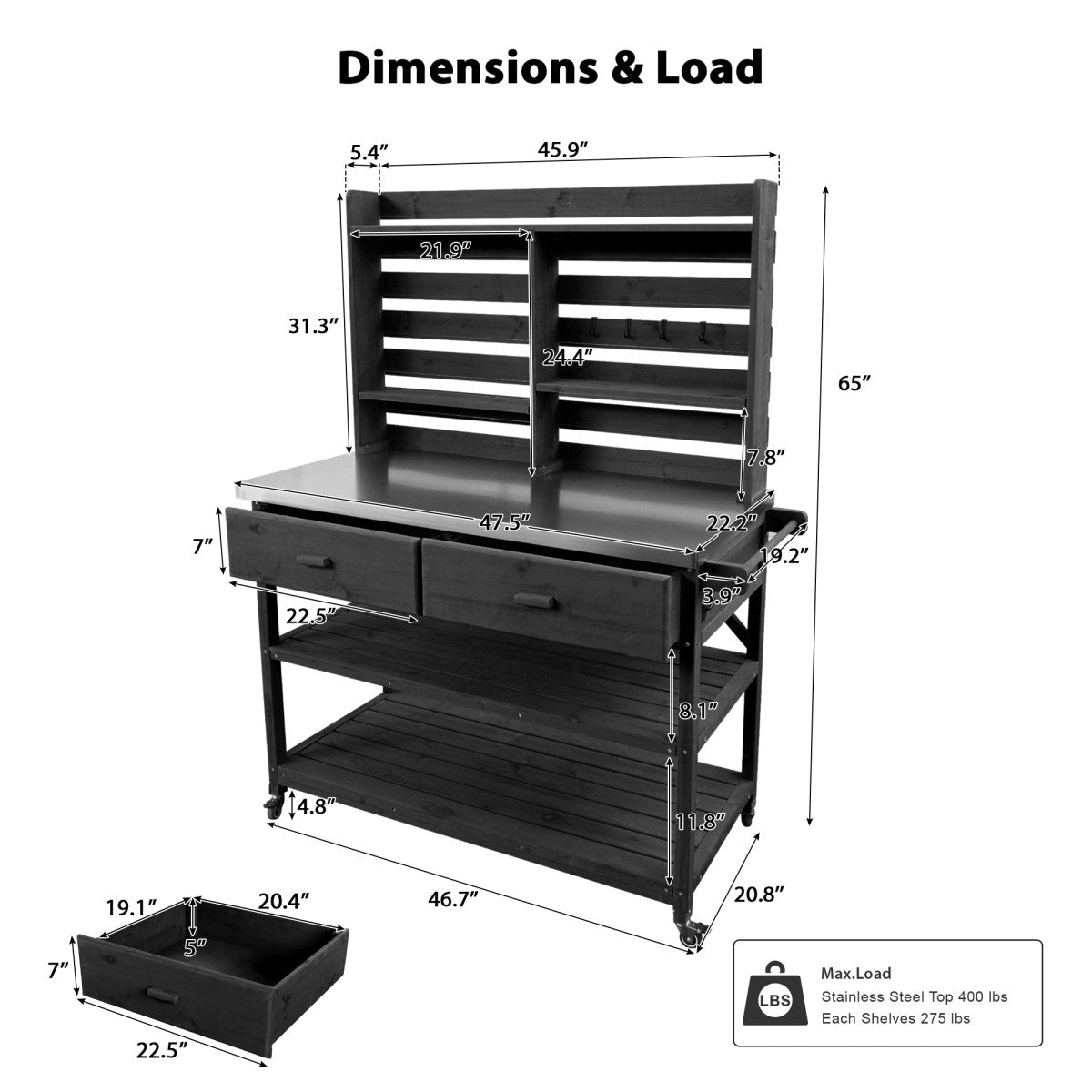 K&K 64.9"H Outdoor Potting Bench Table with Lockable Wheels, Solid Wood Outdoor Kitchen Island with Upper Hutch, Stainless Steel Top, Towel Rack ,Outdoor Storage for Grilling, Lawn Garden -Black