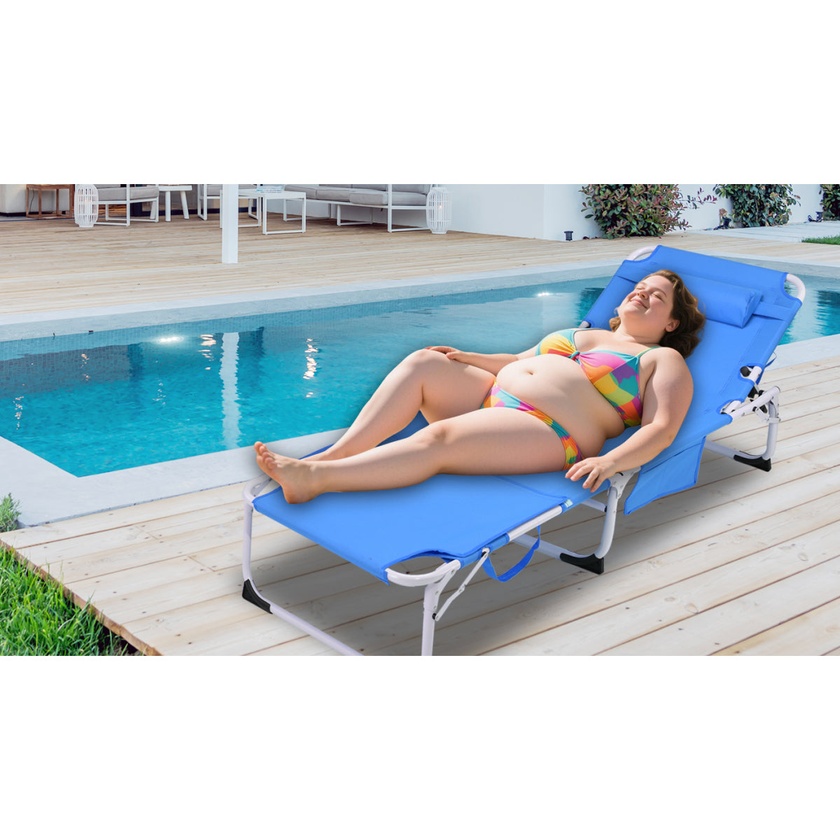 3-in-1 Heavy Duty Tanning Chair with Face Hole Adjustable 5-Position Folding Chaise Lounge Chairs for Outside Portable Lay Flat Beach Lounge Chair for Outdoor Sunbathing Patio Pool Lawn Camping Deck P