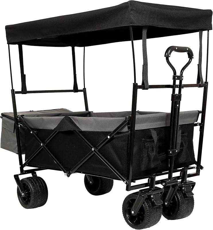 500Lbs Collapsible Wagon with Canopy, Lightweight Foldable Wagon Heavy Duty Utility Outdoor Garden Cartwith Mosquito net, Large Capacity for Camping, Shopping, Sports, and Garden Use (Black)
