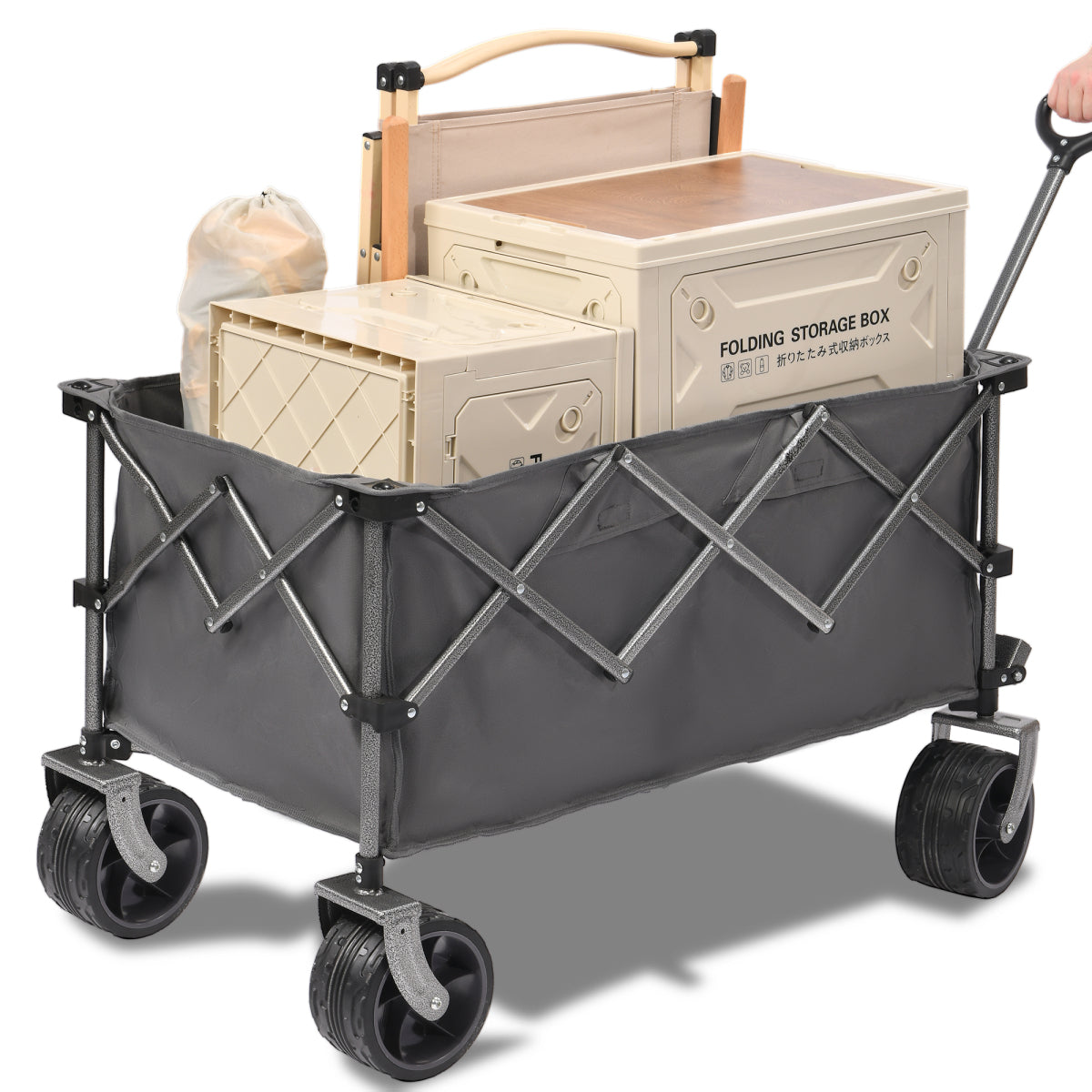 PORTABLE 400L Collapsible Wagon, Folding Wagon Cart , Beach Wagon with Big Wheels, 450LB Heavy Duty Foldable Wagon, Large Capacity Wagon for Camping, Sports, Garden, Baseball