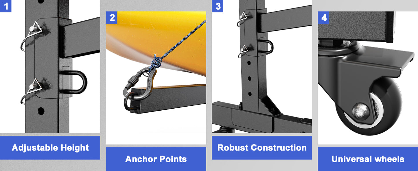 Heavy Duty Freestanding Kayak Storage Rack, Adjustable Metal Stand for Kayaks, Canoes, SUPs, Paddleboards & Surfboards with Lockable Wheels, Indoor & Outdoor Use