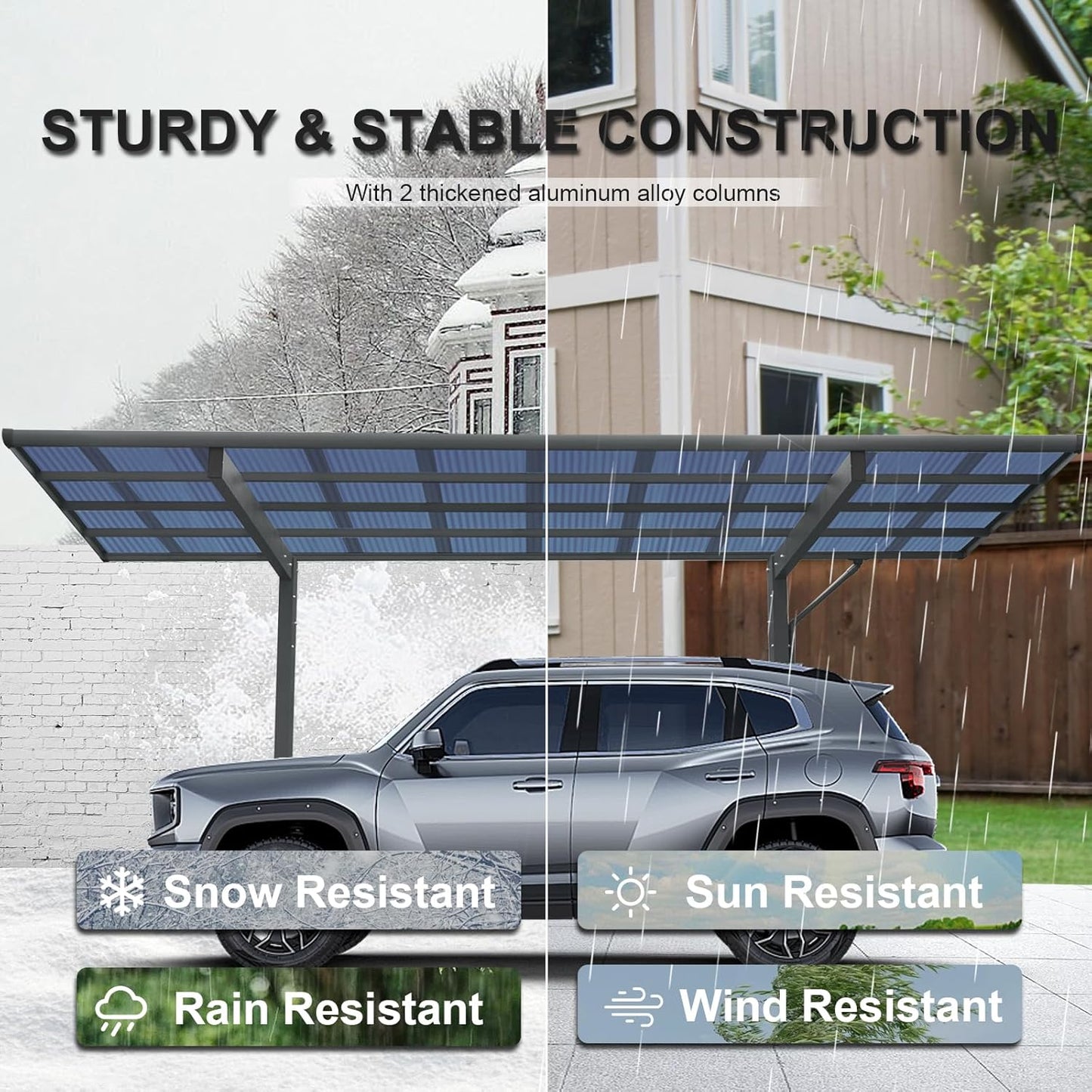 Outdoor Carport, 17.44FT*9FT Single Carport Aluminum Metal Frame and Polycarbonate Panels Car Port for Outdoor Driveway Car, Truck (Black)