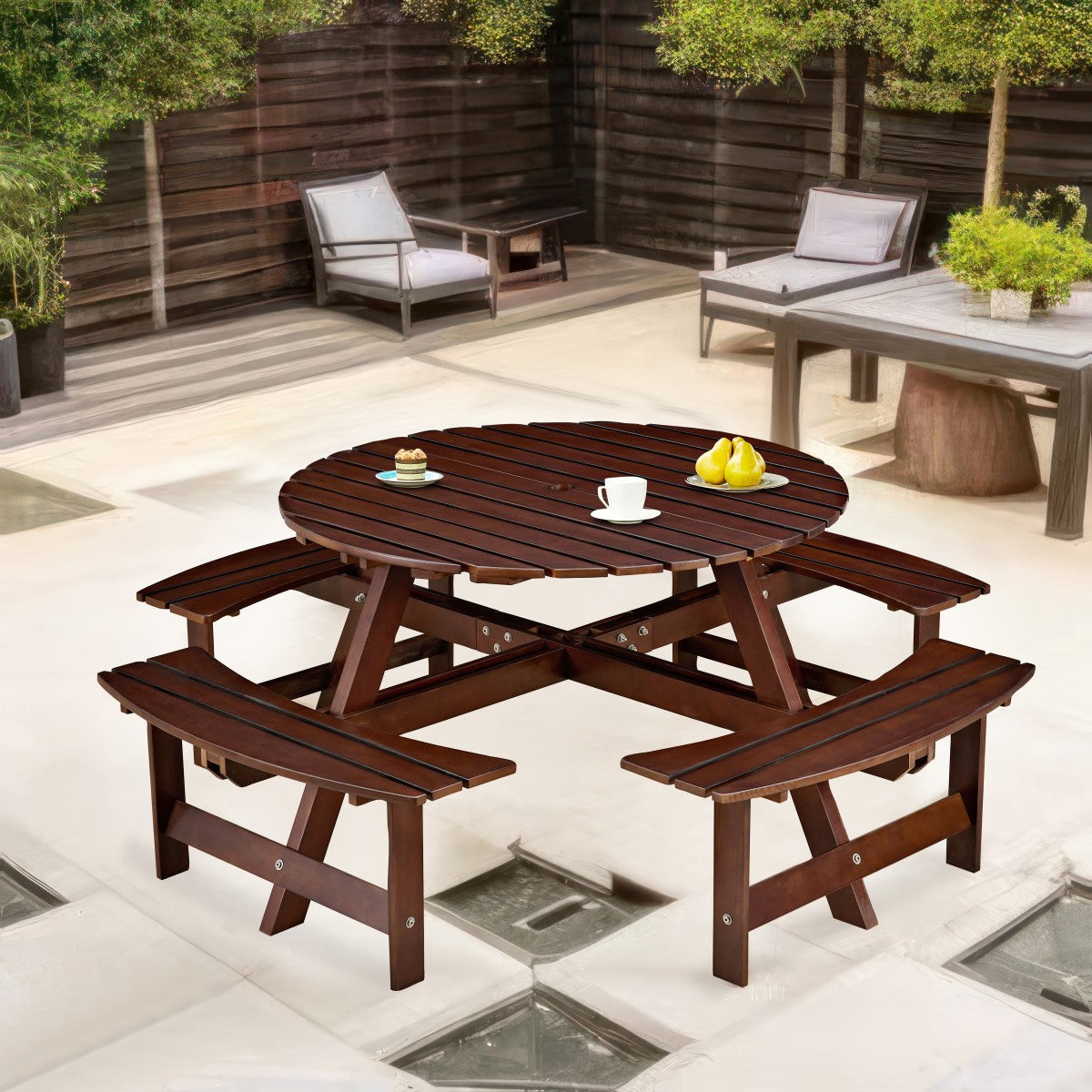 Outdoor 8 Person Picnic Table, 8 person Round Picnic Table with 4 Built-in Benches, Umbrella Hole, Outside Table and Bench Set for Garden, Backyard, Porch, Patio,  Brown